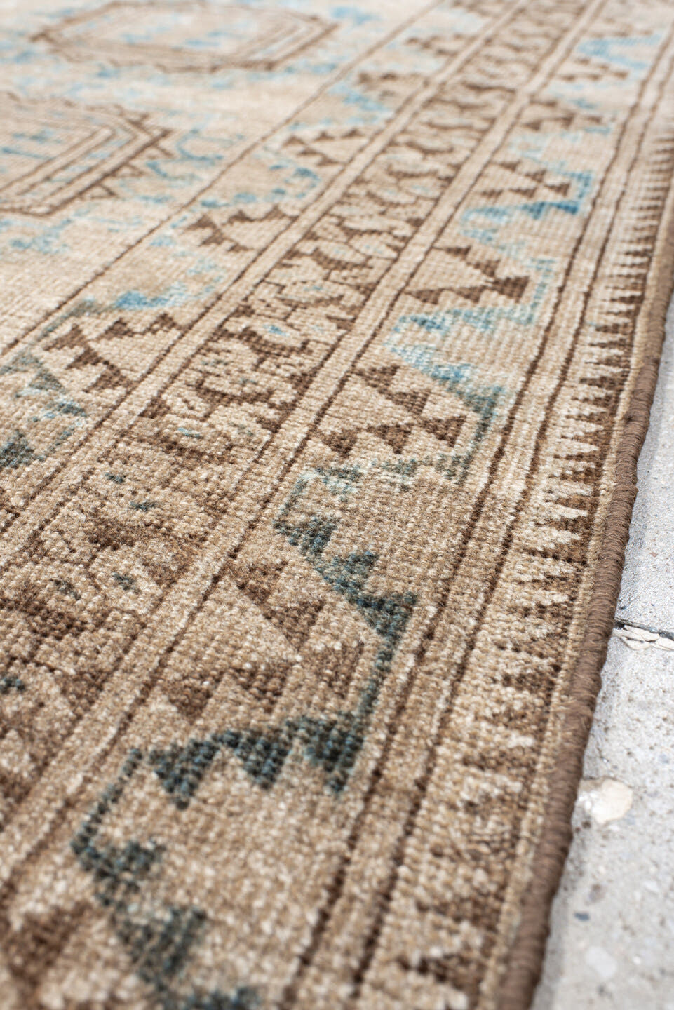 3' x 6' one-of-a-kind handmade antique Afghan small size rug. Color palette: ivory, taupe, brown, sky blue, camel, slate