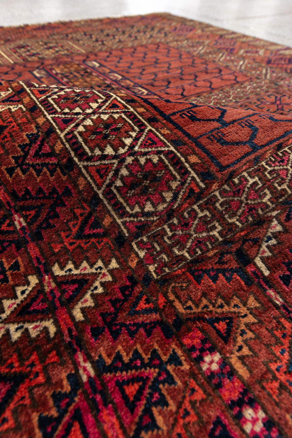 4' x 4' one-of-a-kind handmade antique Torkaman small size rug. Color palette: rust, burgundy, ivory, dark_brown, terracotta