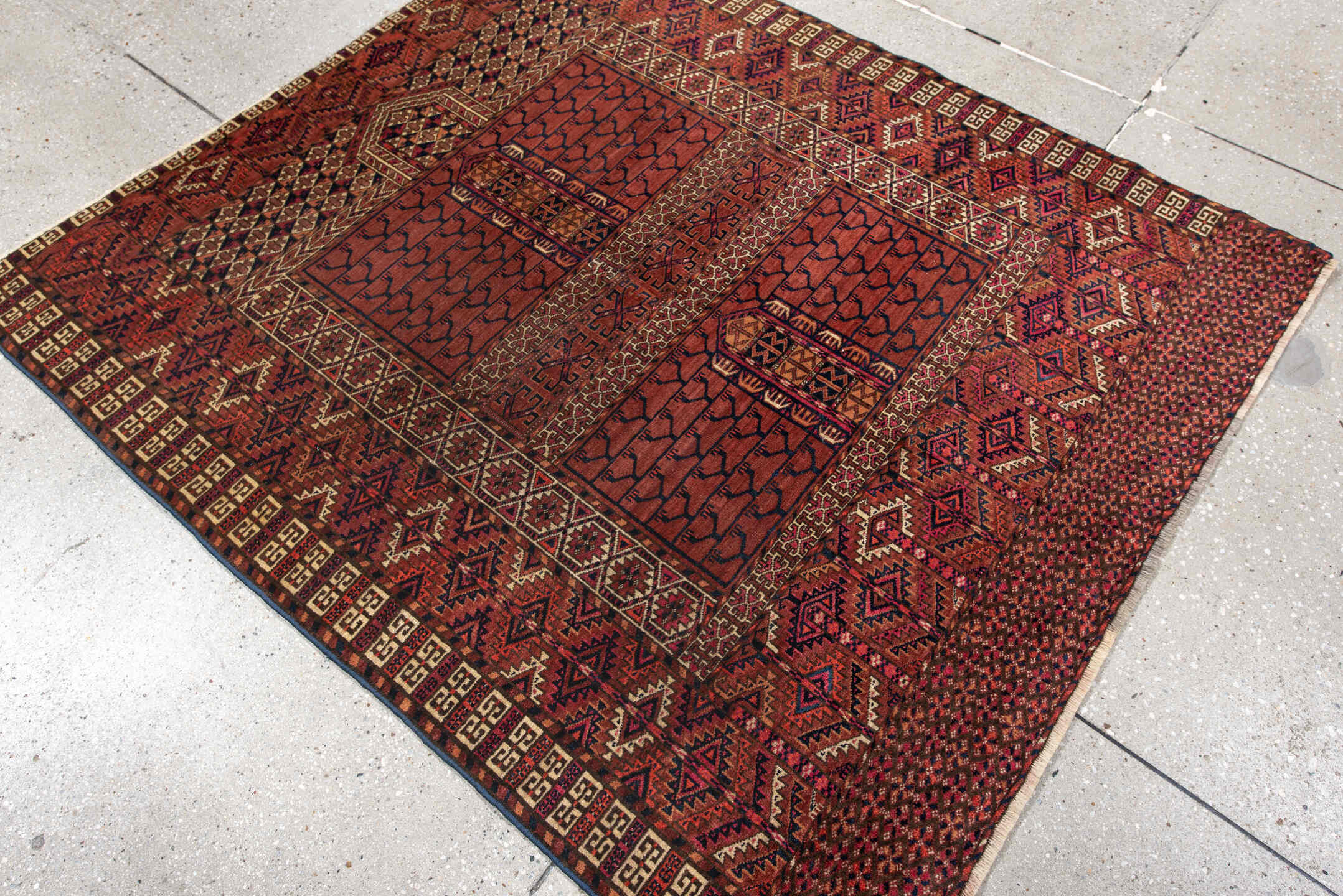 4' x 4' one-of-a-kind handmade antique Torkaman small size rug. Color palette: rust, burgundy, ivory, dark_brown, terracotta