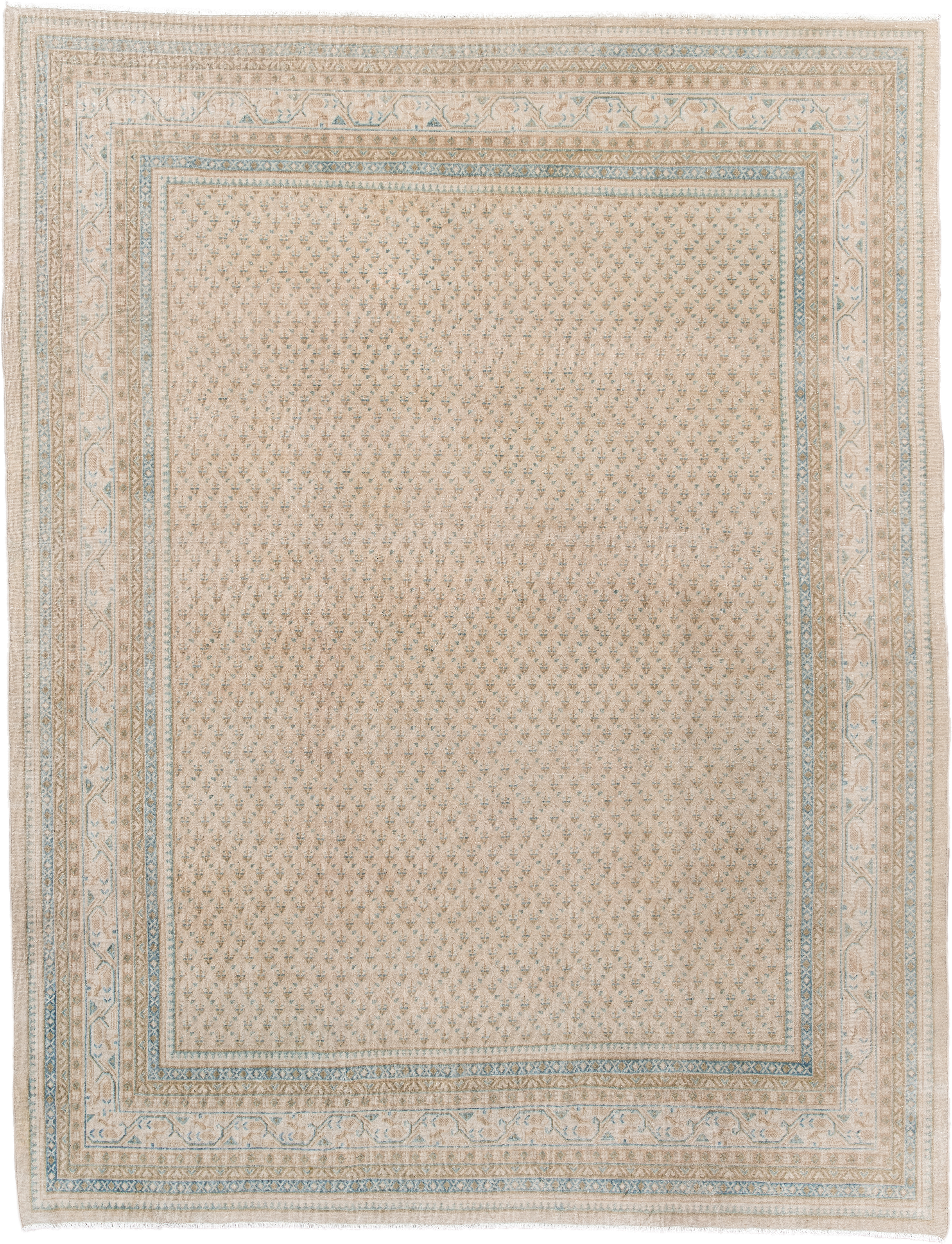 7' x 9' one-of-a-kind handmade antique Mir rug. Color palette: ivory, pale blue, beige, taupe, camel, light blue, gray