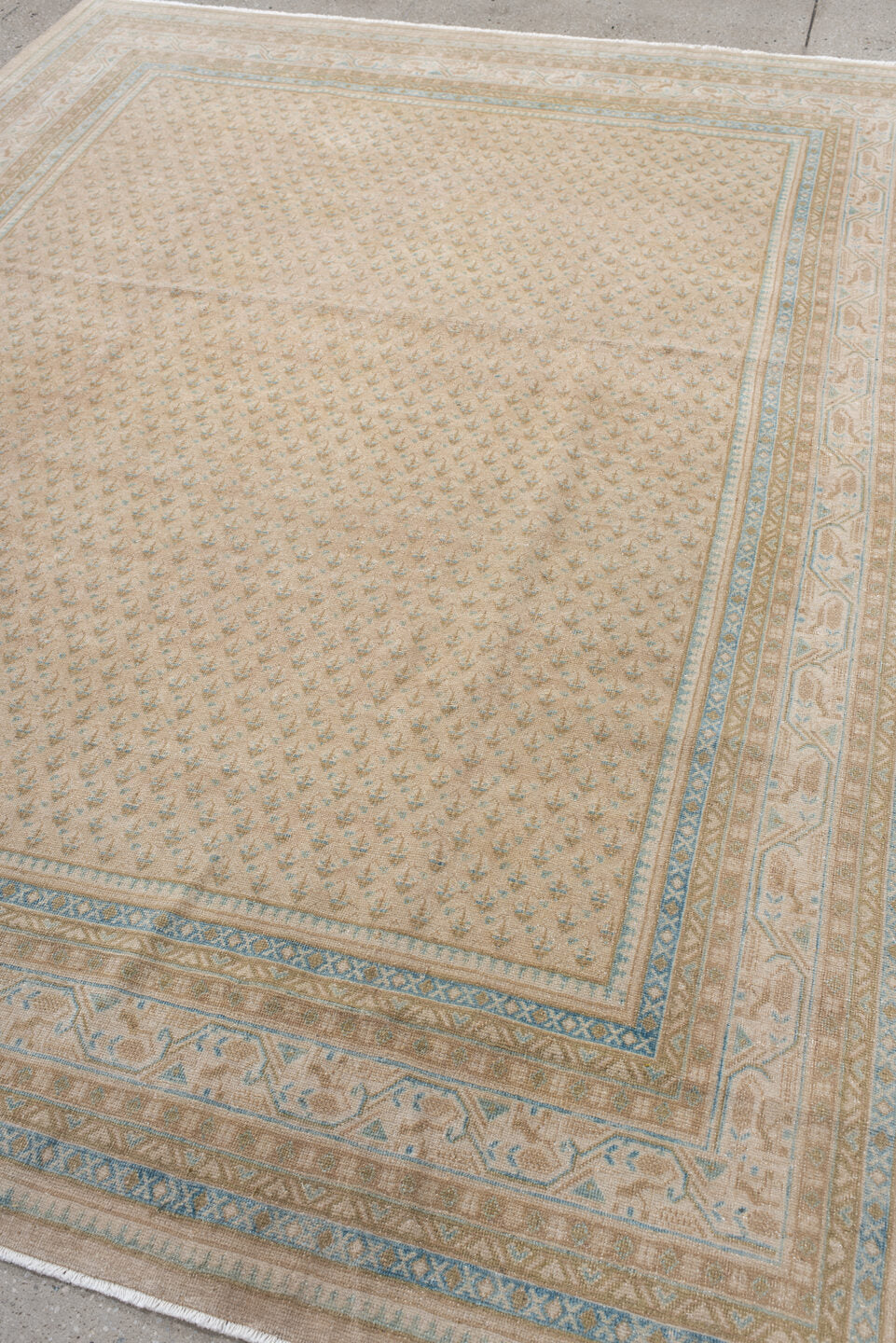 7' x 9' one-of-a-kind handmade antique Mir rug. Color palette: ivory, pale blue, beige, taupe, camel, light blue, gray