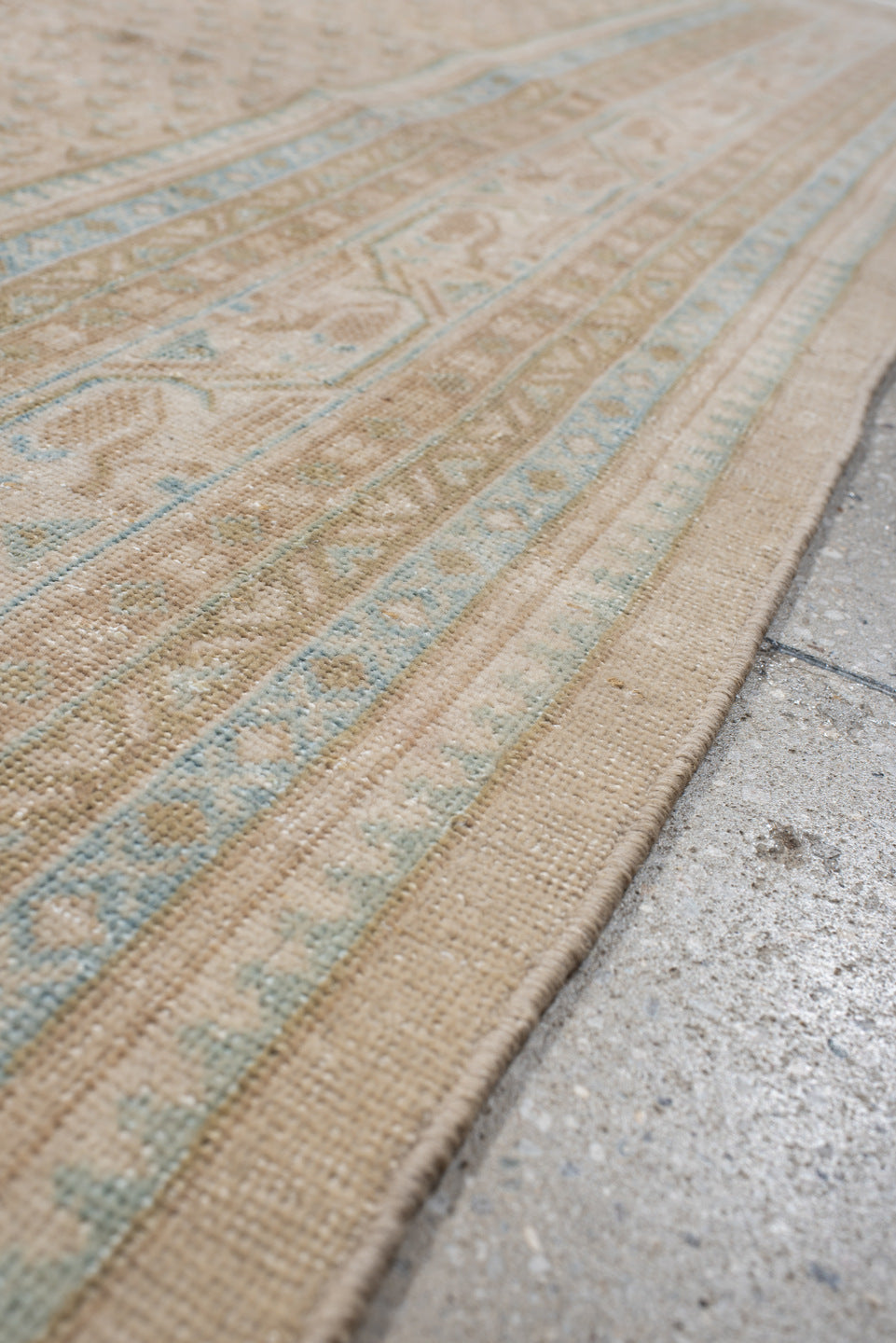 7' x 9' one-of-a-kind handmade antique Mir rug. Color palette: ivory, pale blue, beige, taupe, camel, light blue, gray