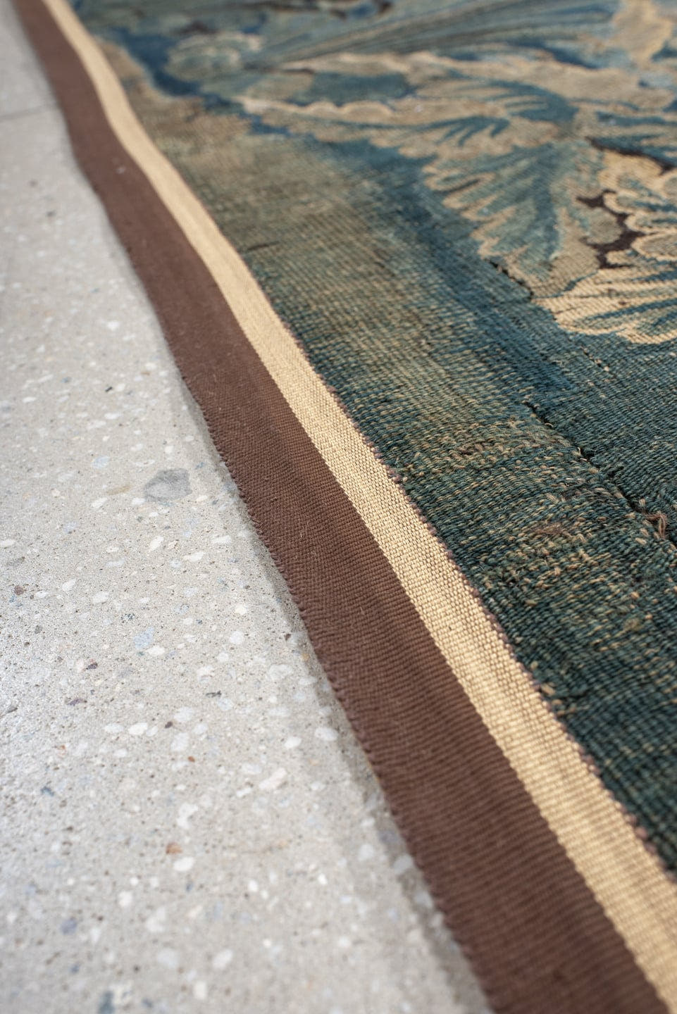 7' x 10' one-of-a-kind handmade vintage Tapestry large size rug. Color palette: taupe, teal, ivory, brown, slate, camel