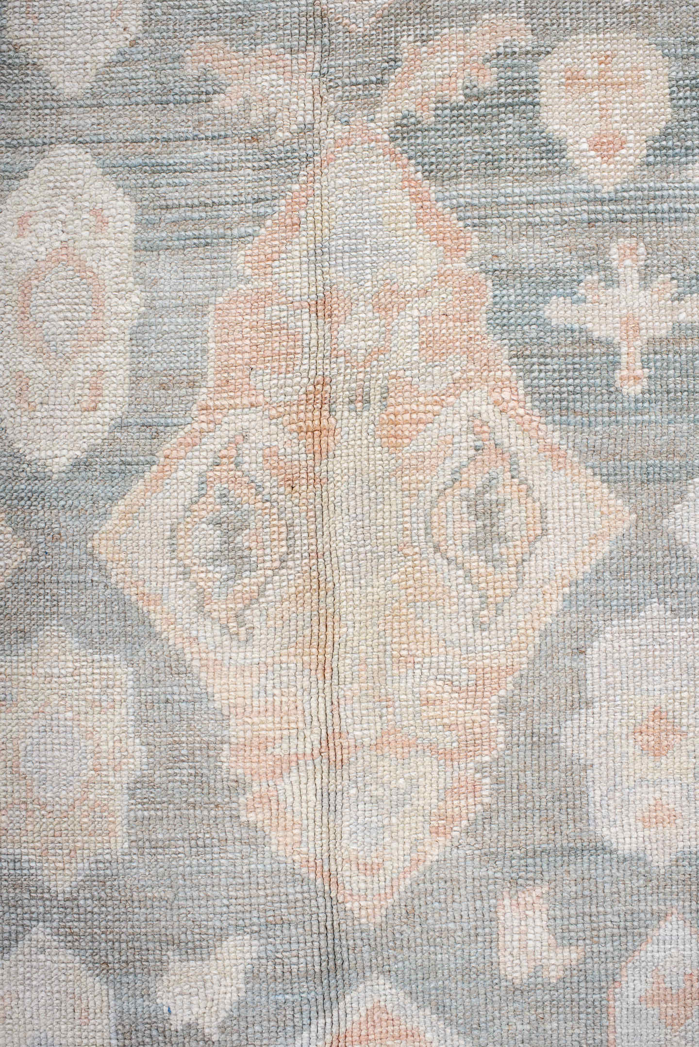 8' x 11' one-of-a-kind handmade vintage Oushak large size rug. Color palette: gray, ivory, blush, peach, taupe, pink