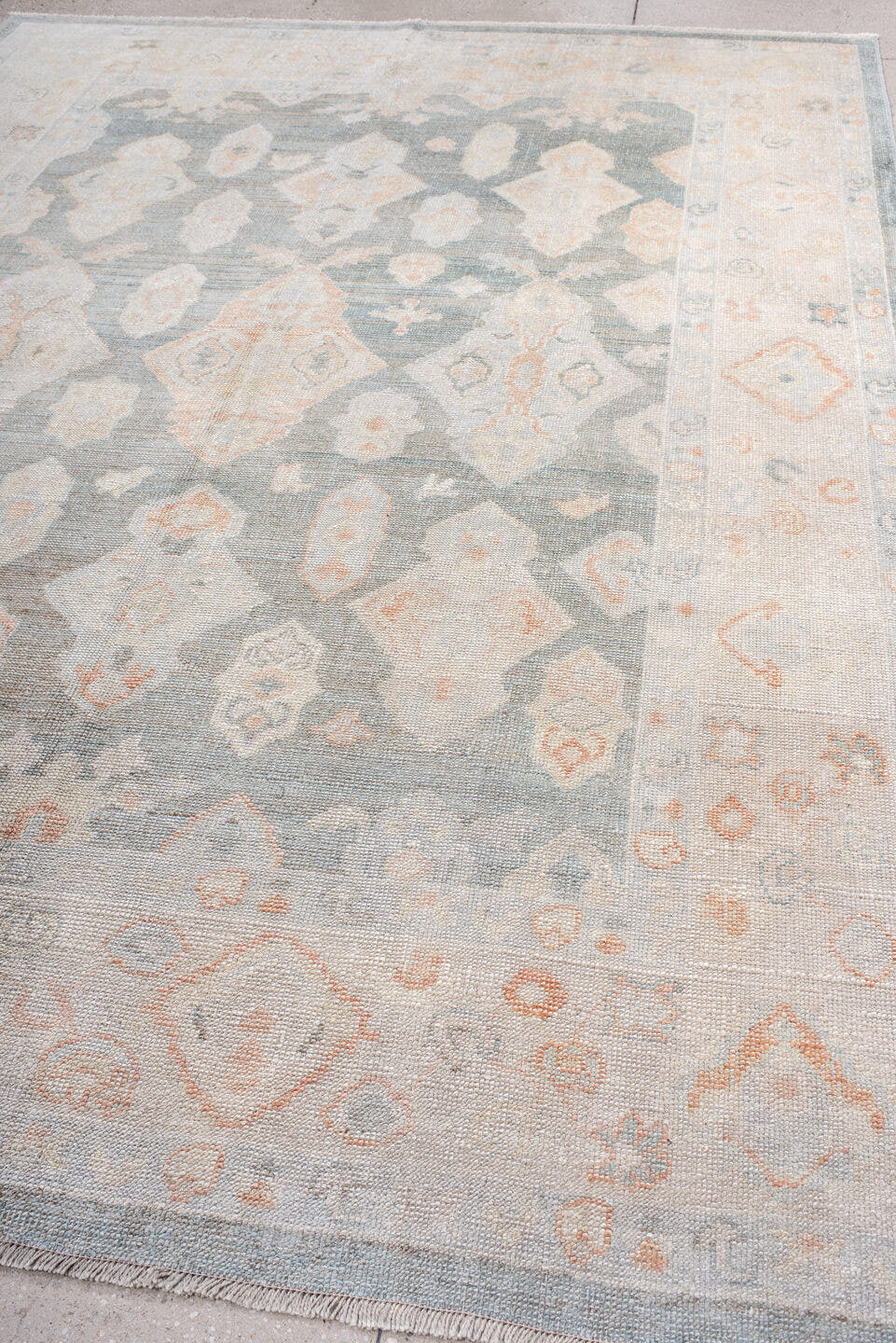 8' x 11' one-of-a-kind handmade vintage Oushak large size rug. Color palette: gray, ivory, blush, peach, taupe, pink