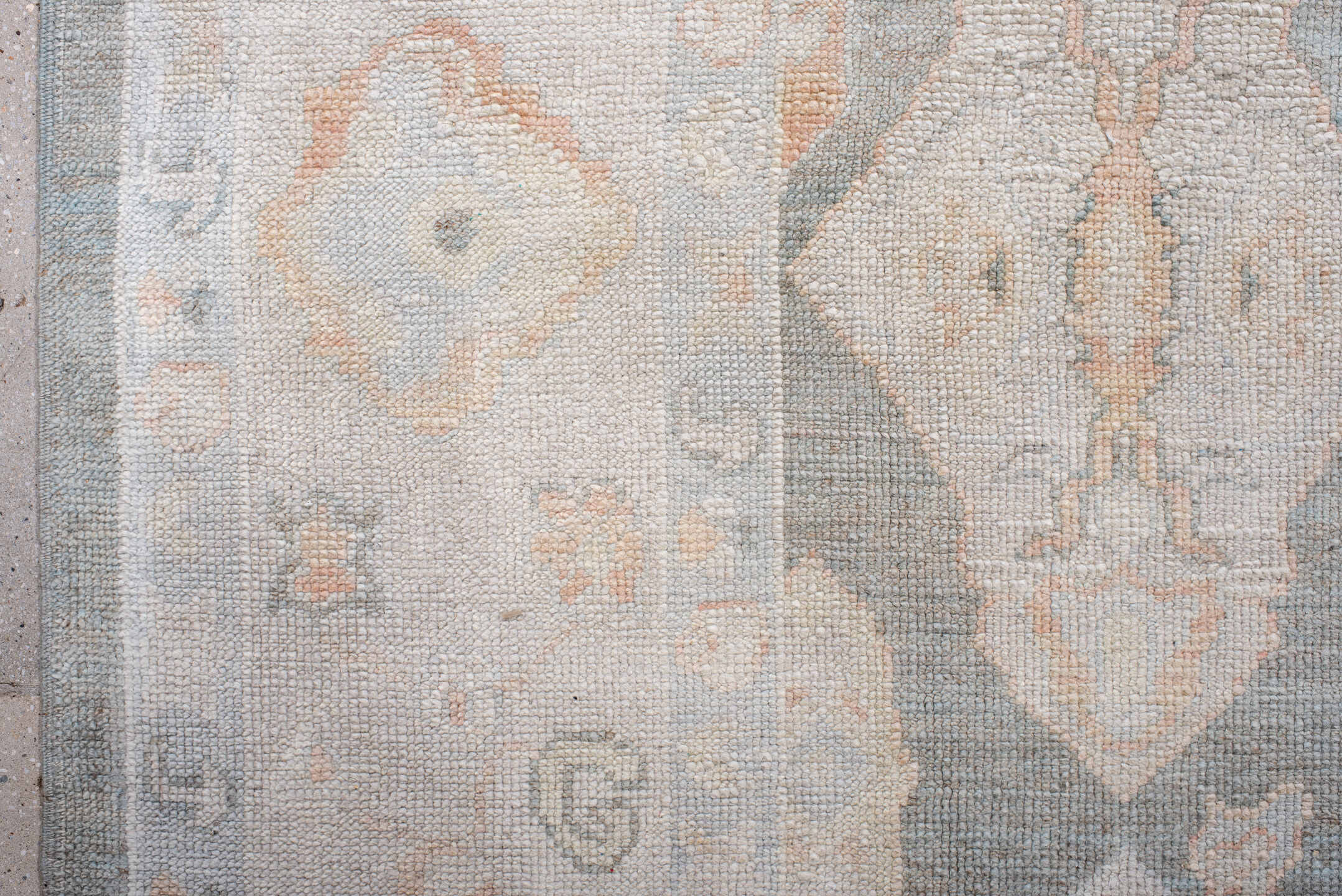 8' x 11' one-of-a-kind handmade vintage Oushak large size rug. Color palette: gray, ivory, blush, peach, taupe, pink