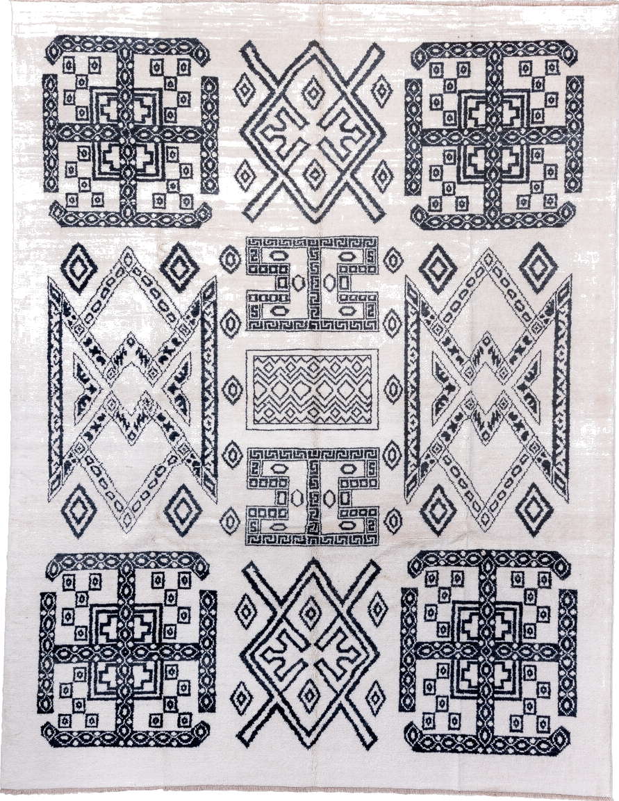 9' x 12' one-of-a-kind handmade vintage Moroccan large size rug. Color palette: black, blue, dim gray, ghost white, gray