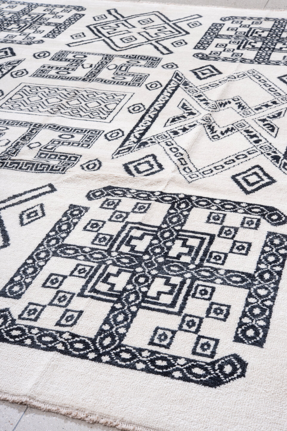 9' x 12' one-of-a-kind handmade vintage Moroccan large size rug. Color palette: black, blue, dim gray, ghost white, gray