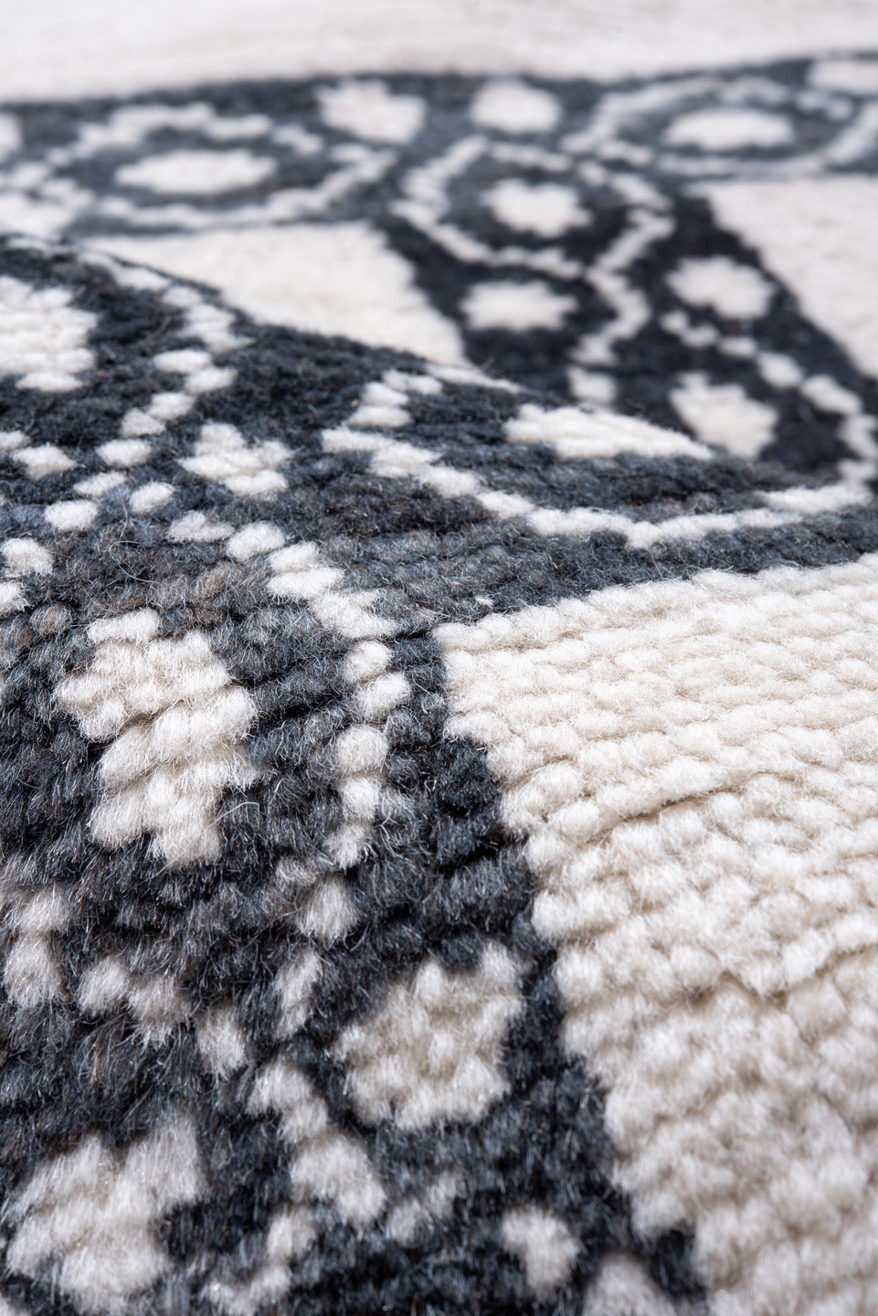 9' x 12' one-of-a-kind handmade vintage Moroccan large size rug. Color palette: black, blue, dim gray, ghost white, gray