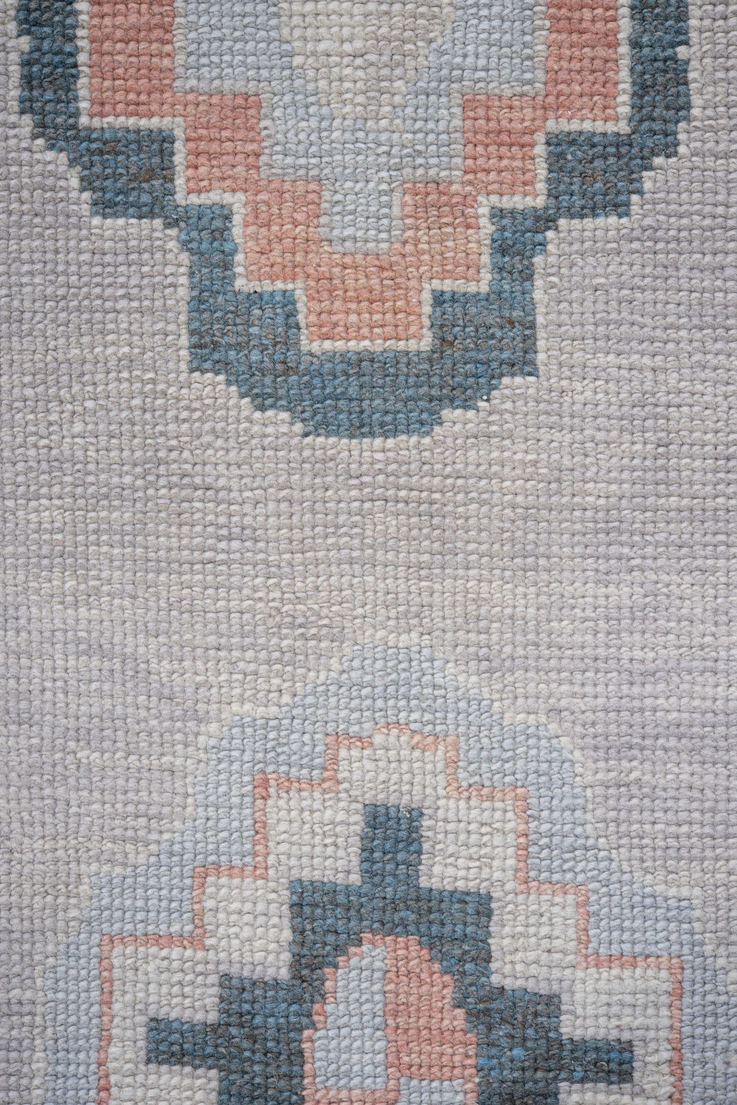 3' x 9' one-of-a-kind handmade vintage Oushak runner rug. Color palette: ivory, pale blue, blush, slate, taupe, light blue