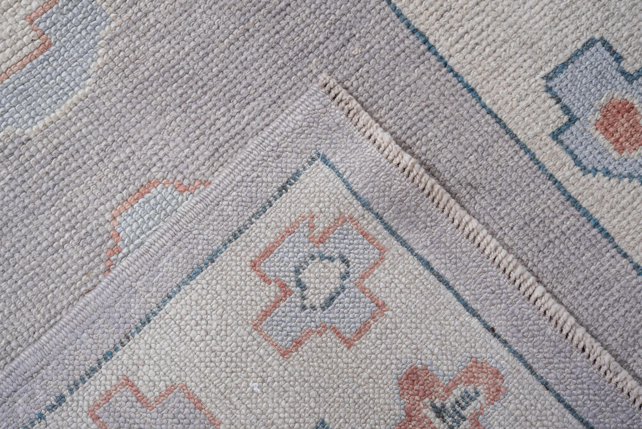 3' x 9' one-of-a-kind handmade vintage Oushak runner rug. Color palette: blue, gainsboro, gray, light gray, off-white, pink