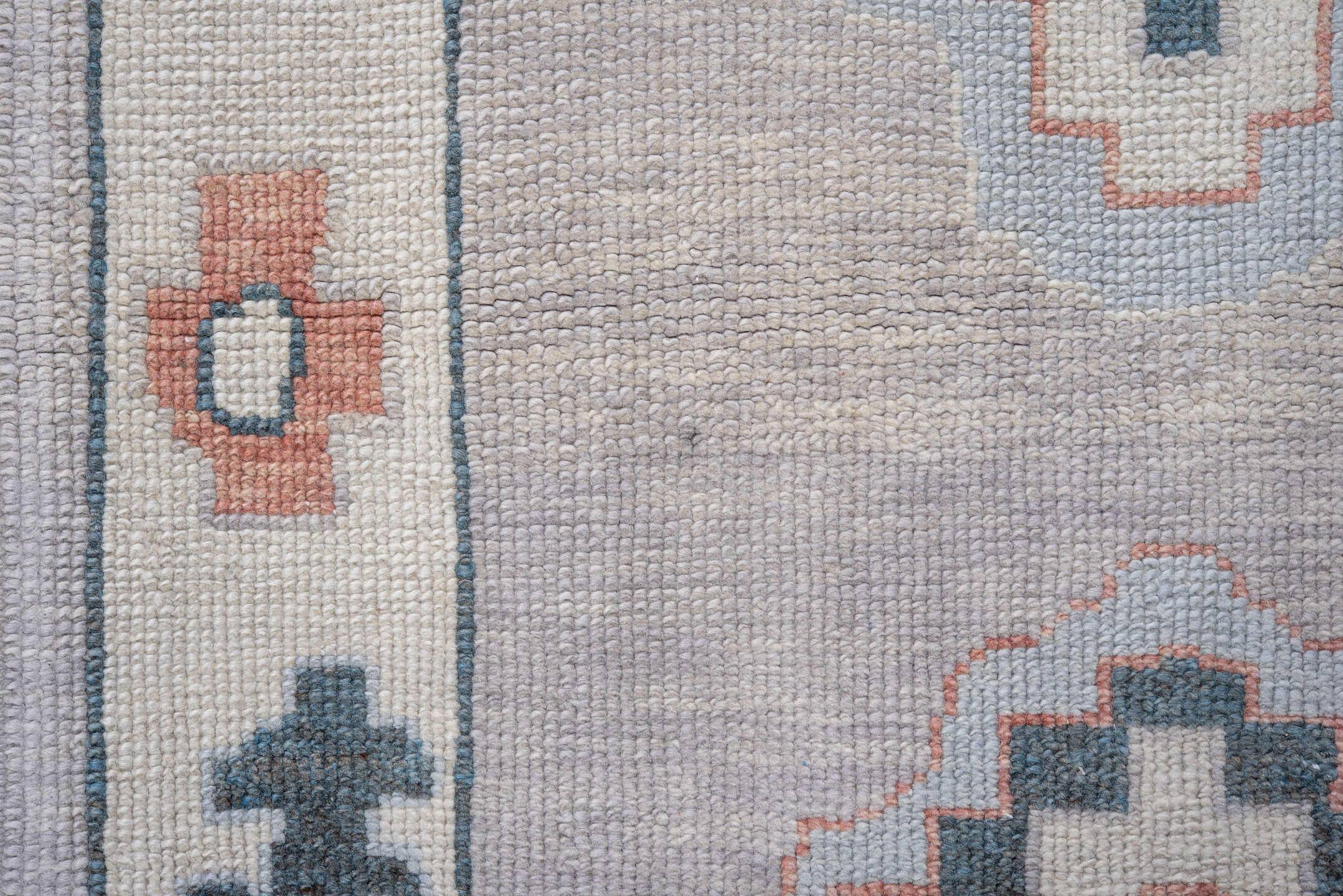 3' x 9' one-of-a-kind handmade vintage Oushak runner rug. Color palette: ivory, powder_blue, blush, pale_gray, slate, peach