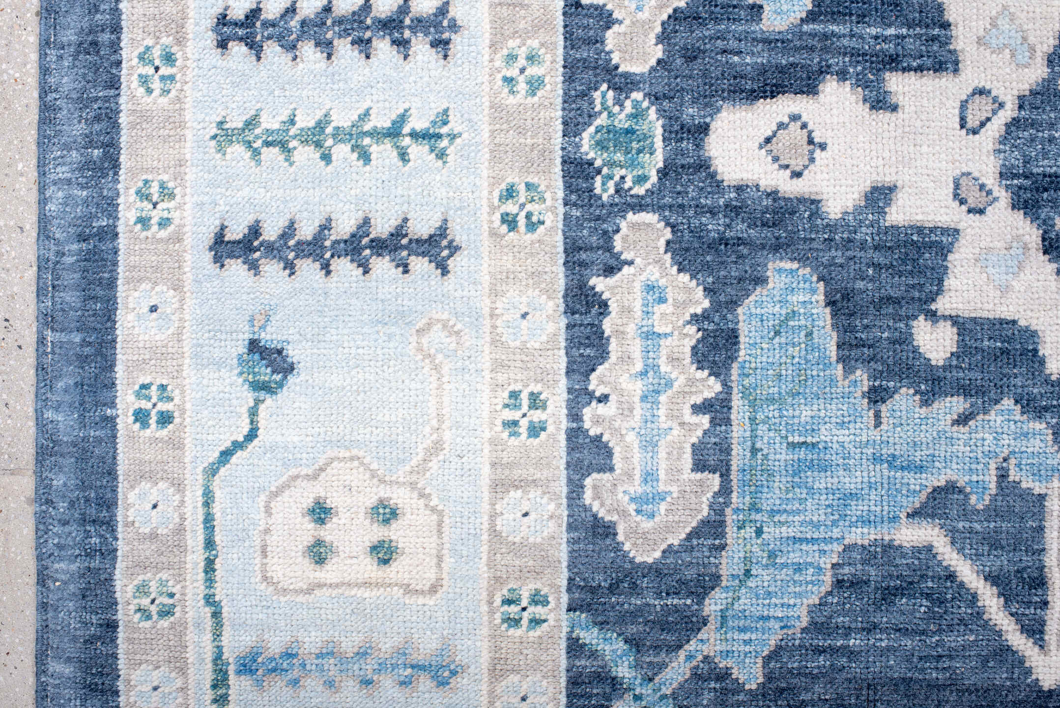 7' x 10' one-of-a-kind handmade vintage Oushak large size rug. Color palette: navy, ivory, sky blue, taupe, slate, aqua
