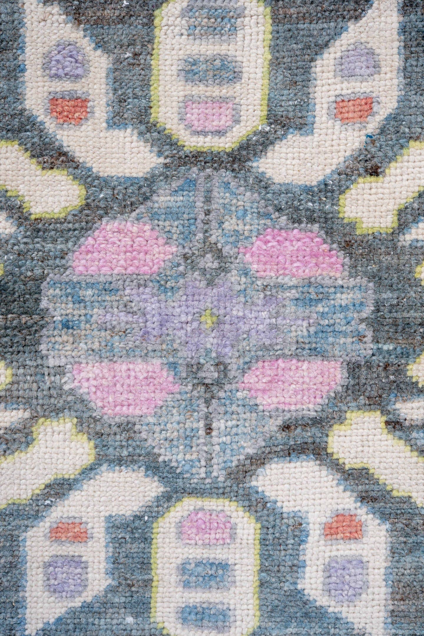 8' x 10' one-of-a-kind handmade vintage Oushak large size rug. Color palette: blue, slate, ivory, lavender, coral, gold