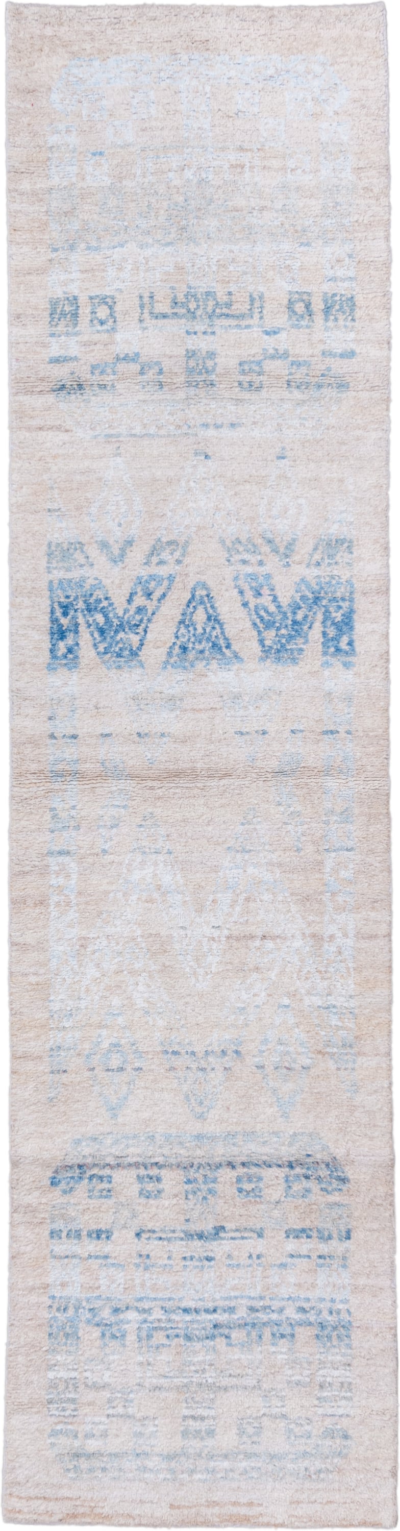 3' x 12' one-of-a-kind handmade vintage Kilim runner rug. Color palette: ivory, sky blue, beige, light blue