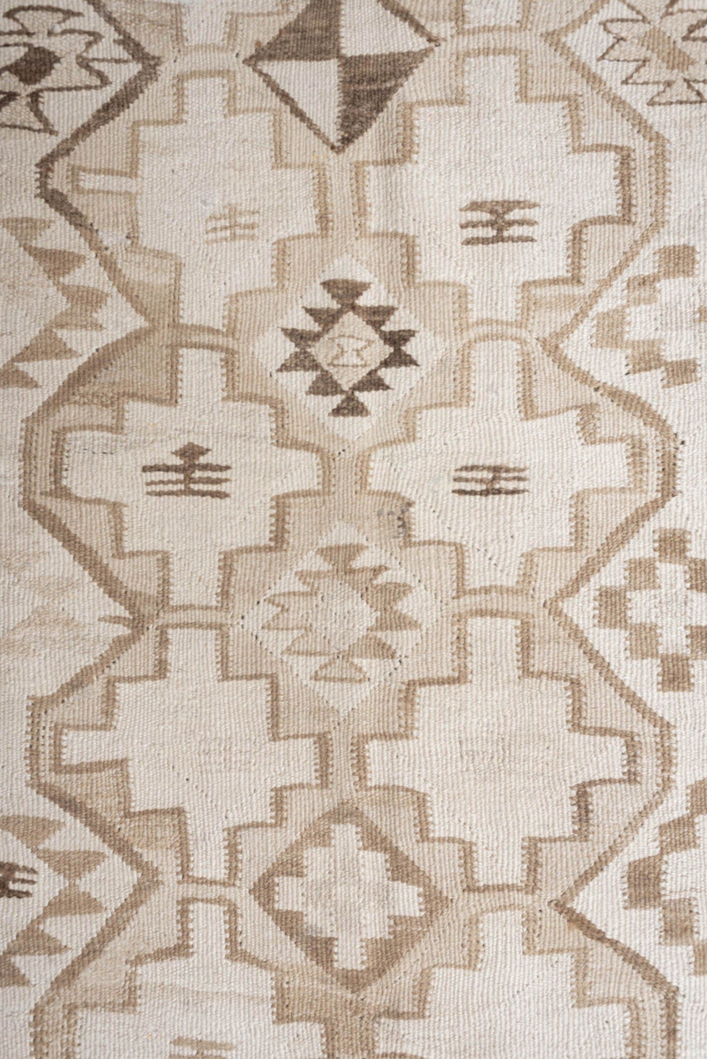 2' x 10' one-of-a-kind handmade antique Kilim runner rug. Color palette: ivory, taupe, brown, camel, blush, beige, gray