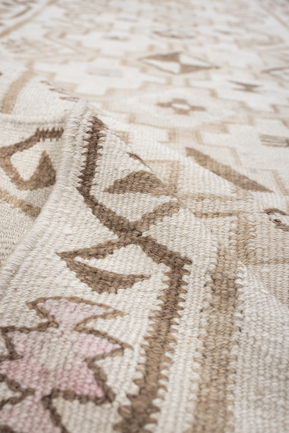 2' x 10' one-of-a-kind handmade antique Kilim runner rug. Color palette: ivory, taupe, brown, camel, blush, beige, gray
