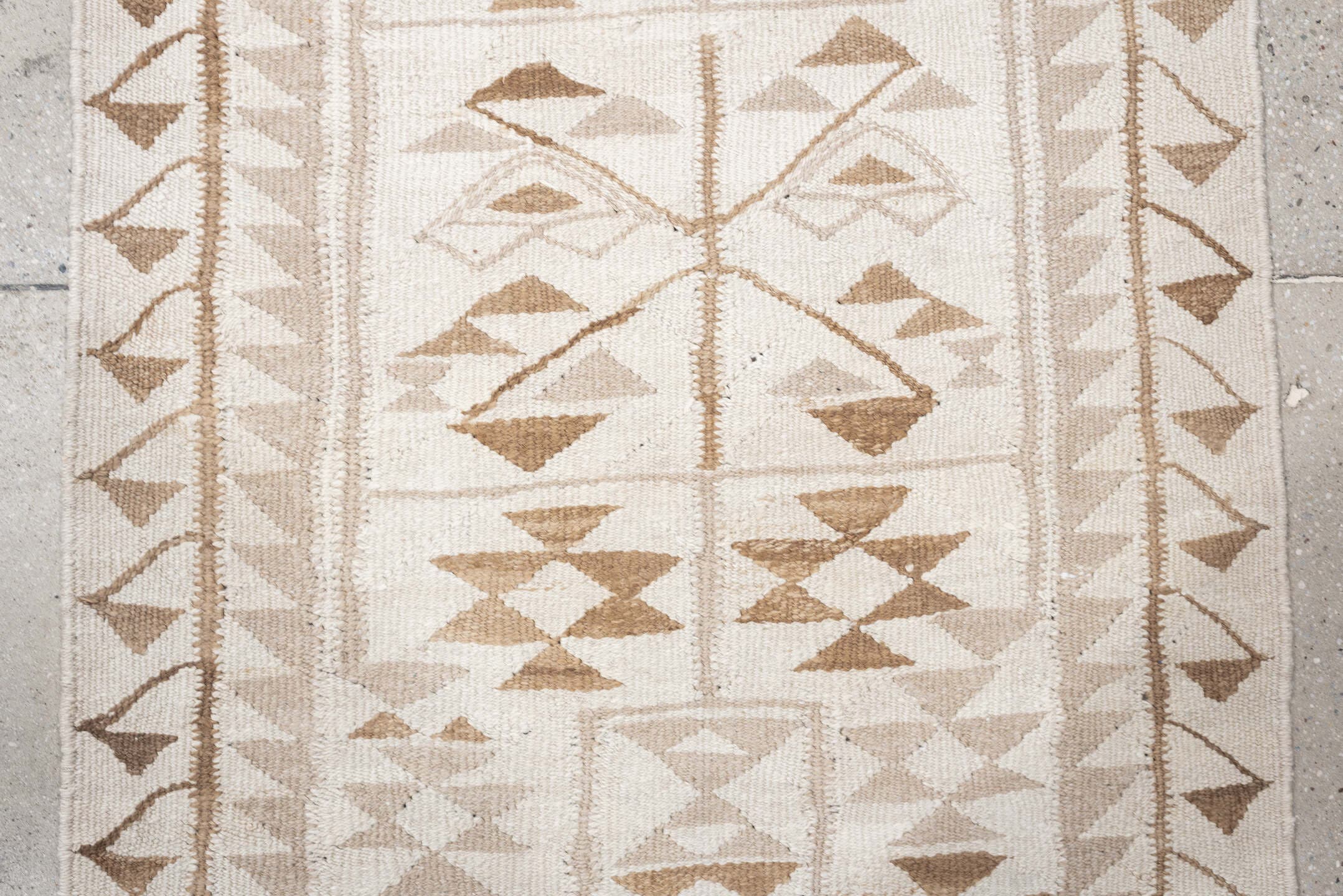 3' x 12' one-of-a-kind handmade antique Kilim runner rug. Color palette: ivory, camel, taupe, sand, beige, gray