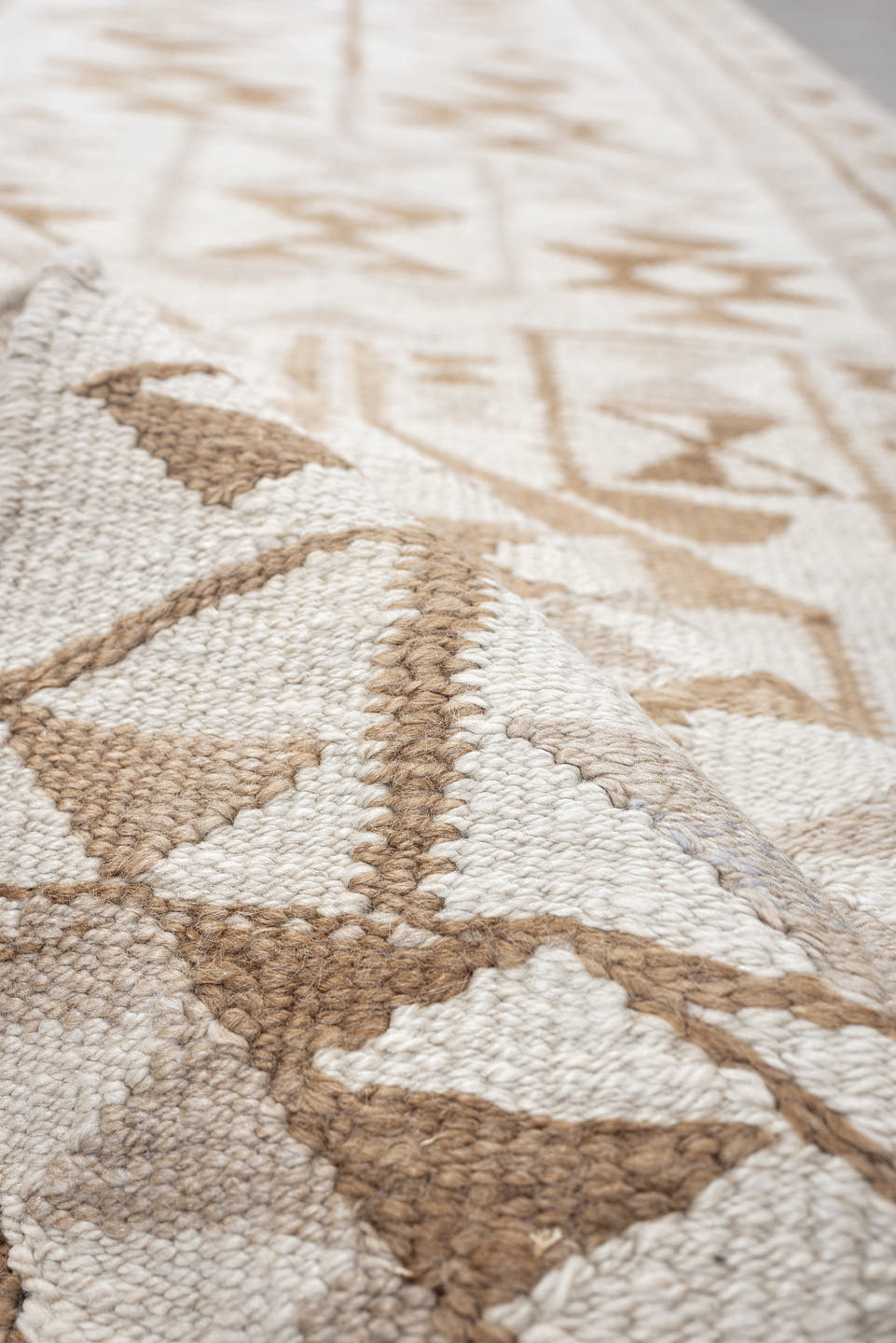 3' x 12' one-of-a-kind handmade antique Kilim runner rug. Color palette: ivory, camel, taupe, sand, beige, gray