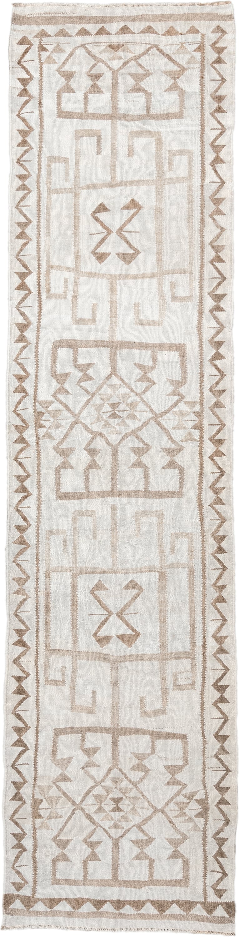 2' x 11' one-of-a-kind handmade antique Kilim runner rug. Color palette: ivory, taupe, beige, sand, gray