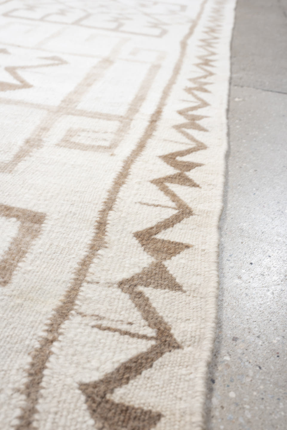 2' x 11' one-of-a-kind handmade antique Kilim runner rug. Color palette: ivory, taupe, beige, sand, gray