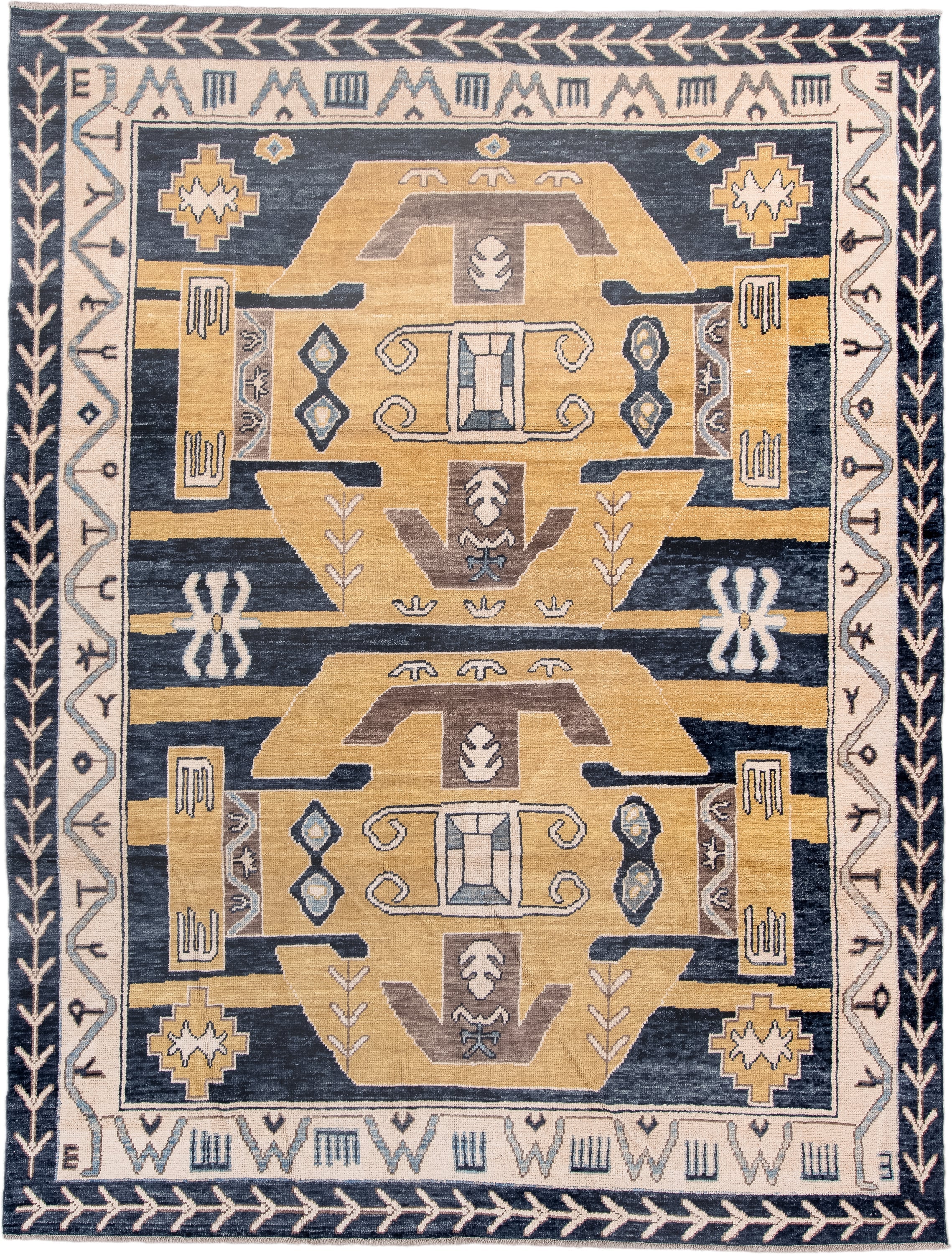 8' x 11' one-of-a-kind handmade vintage Kars large size rug. Color palette: navy, gold, ivory, taupe, slate, camel, blue