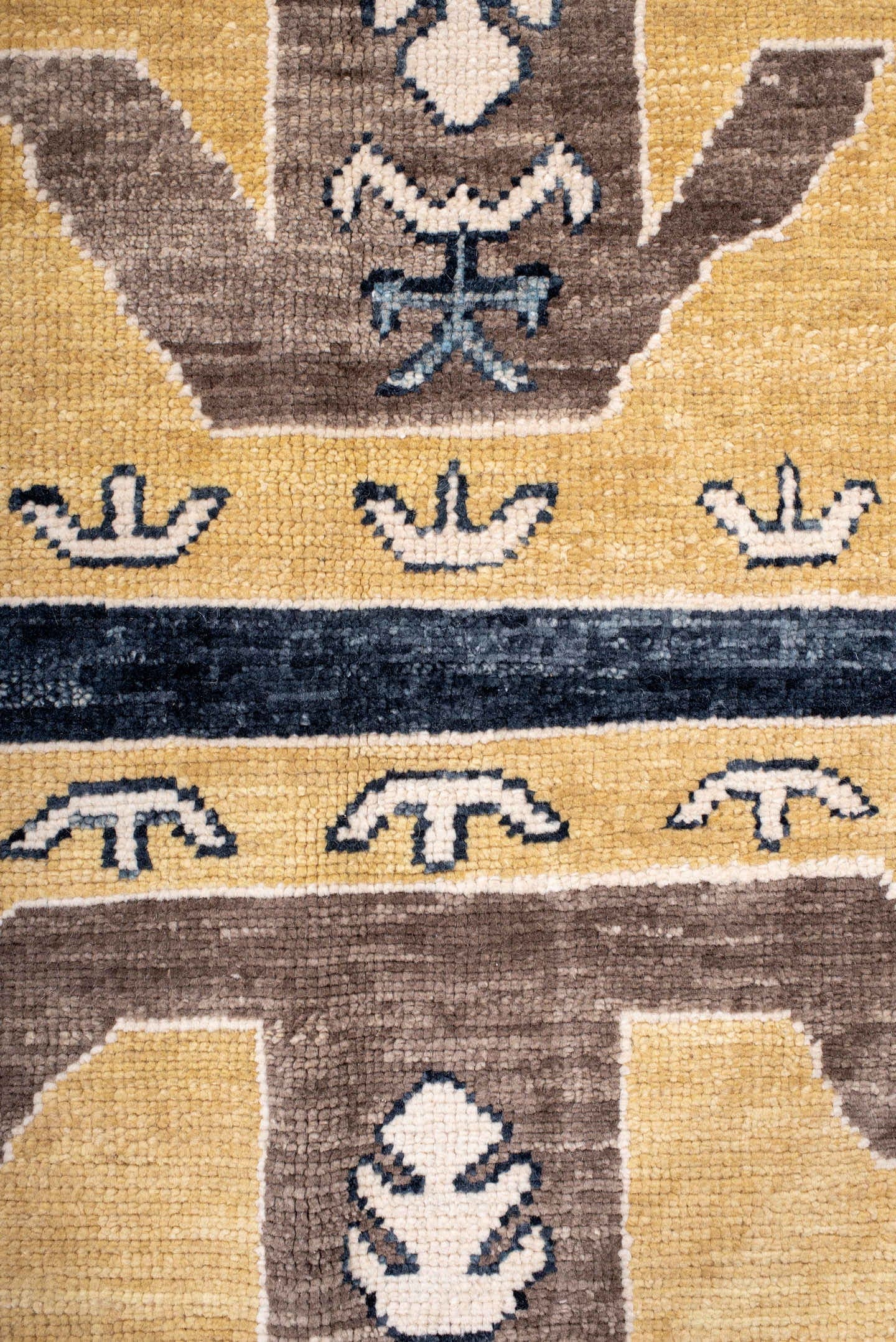 8' x 11' one-of-a-kind handmade vintage Kars large size rug. Color palette: navy, gold, ivory, taupe, slate, camel, blue
