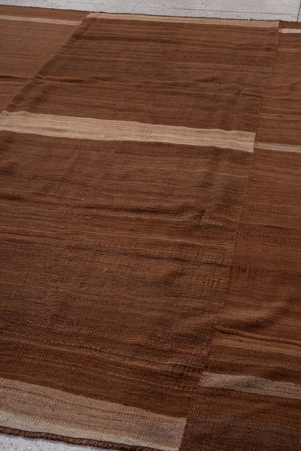 8' x 9' one-of-a-kind handmade vintage Kilim rug. Color palette: brown, camel, taupe, beige, chestnut, gray, red