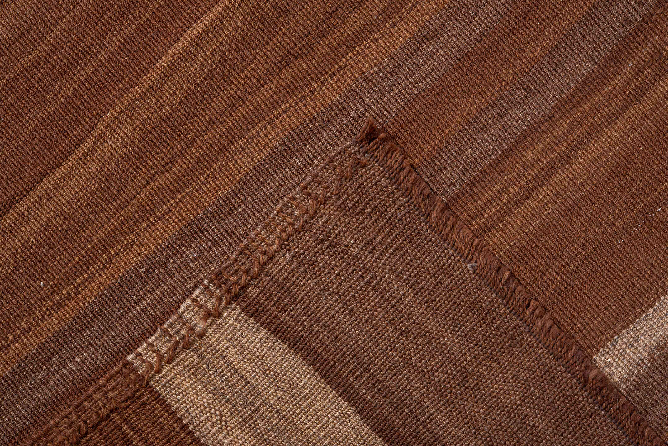 8' x 9' one-of-a-kind handmade vintage Kilim rug. Color palette: brown, camel, taupe, beige, chestnut, gray, red