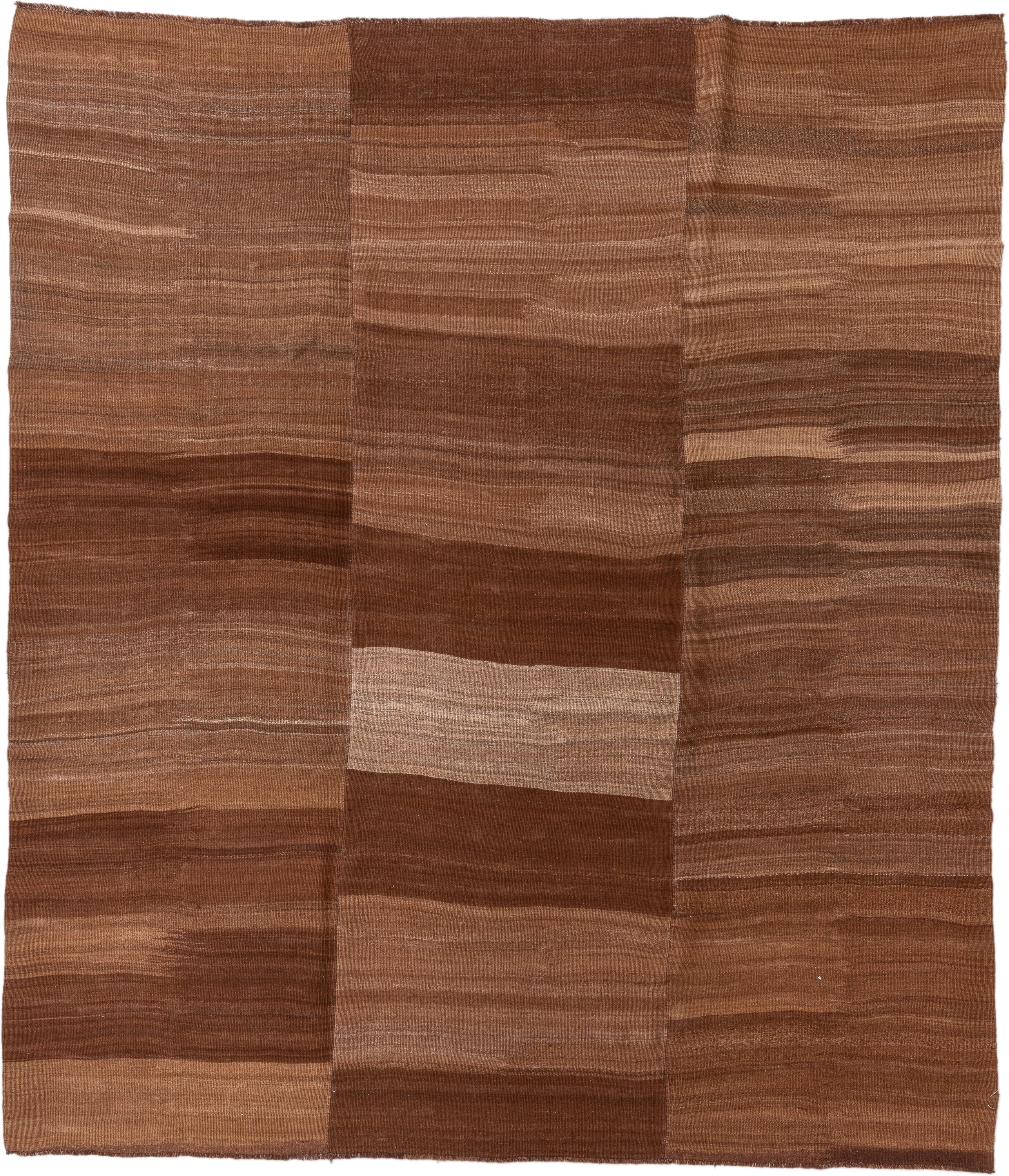7' x 9' one-of-a-kind handmade vintage Kilim rug. Color palette: brown, camel, taupe, tan, beige, gray