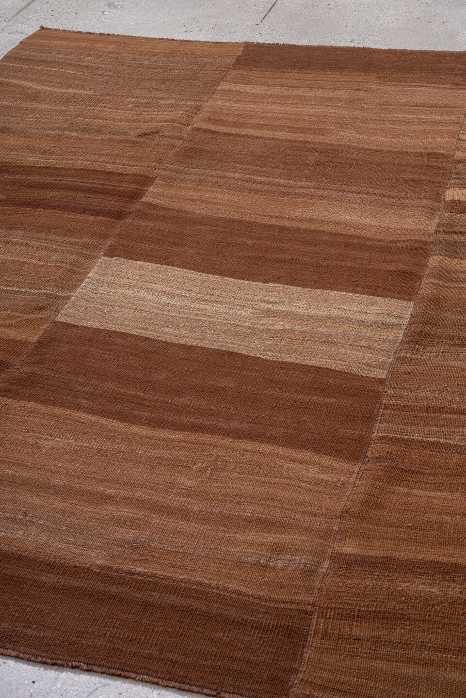 7' x 9' one-of-a-kind handmade vintage Kilim rug. Color palette: brown, camel, taupe, tan, beige, gray