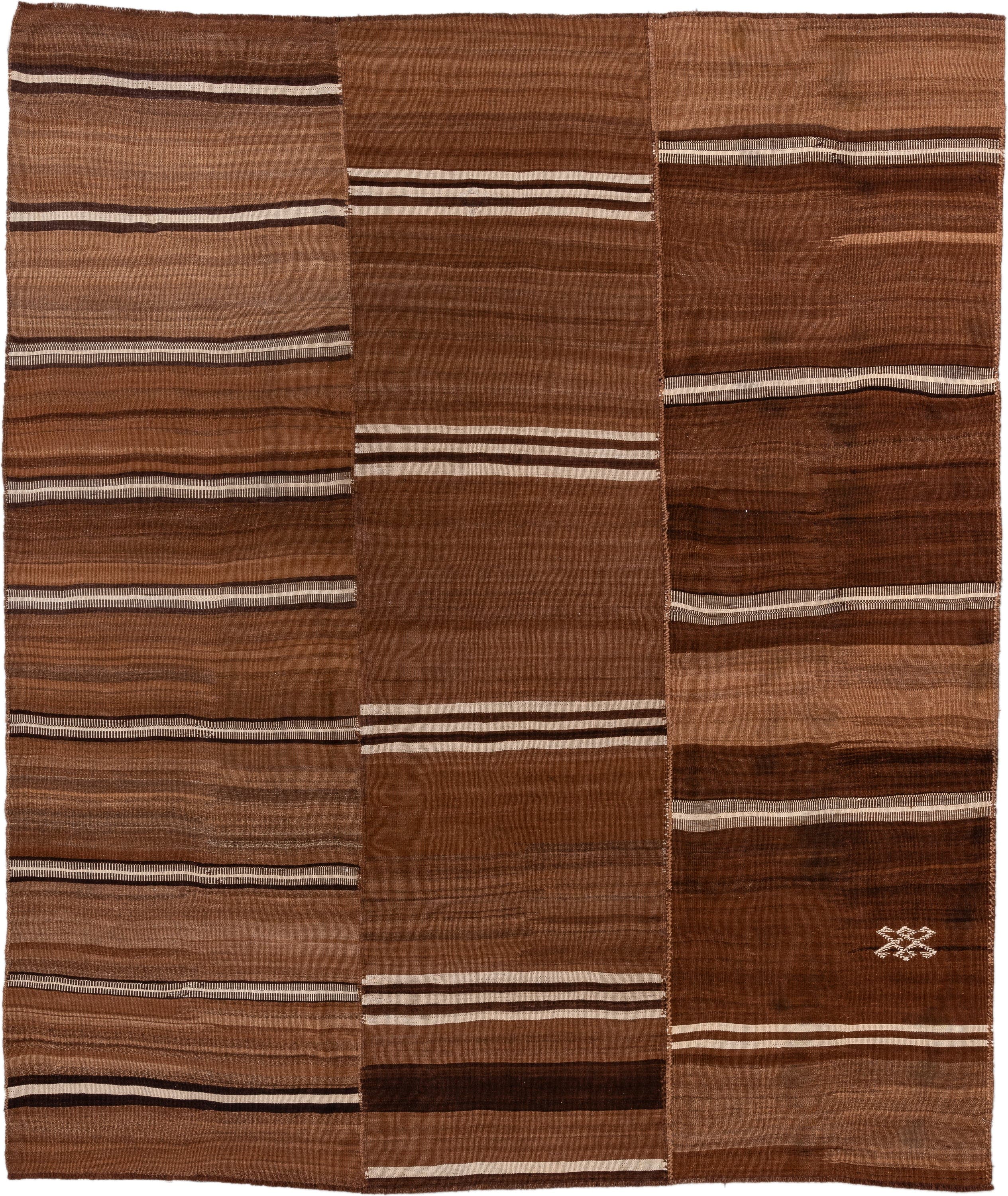 8' x 10' one-of-a-kind handmade vintage Kilim large size rug. Color palette: brown, camel, taupe, ivory, espresso, beige
