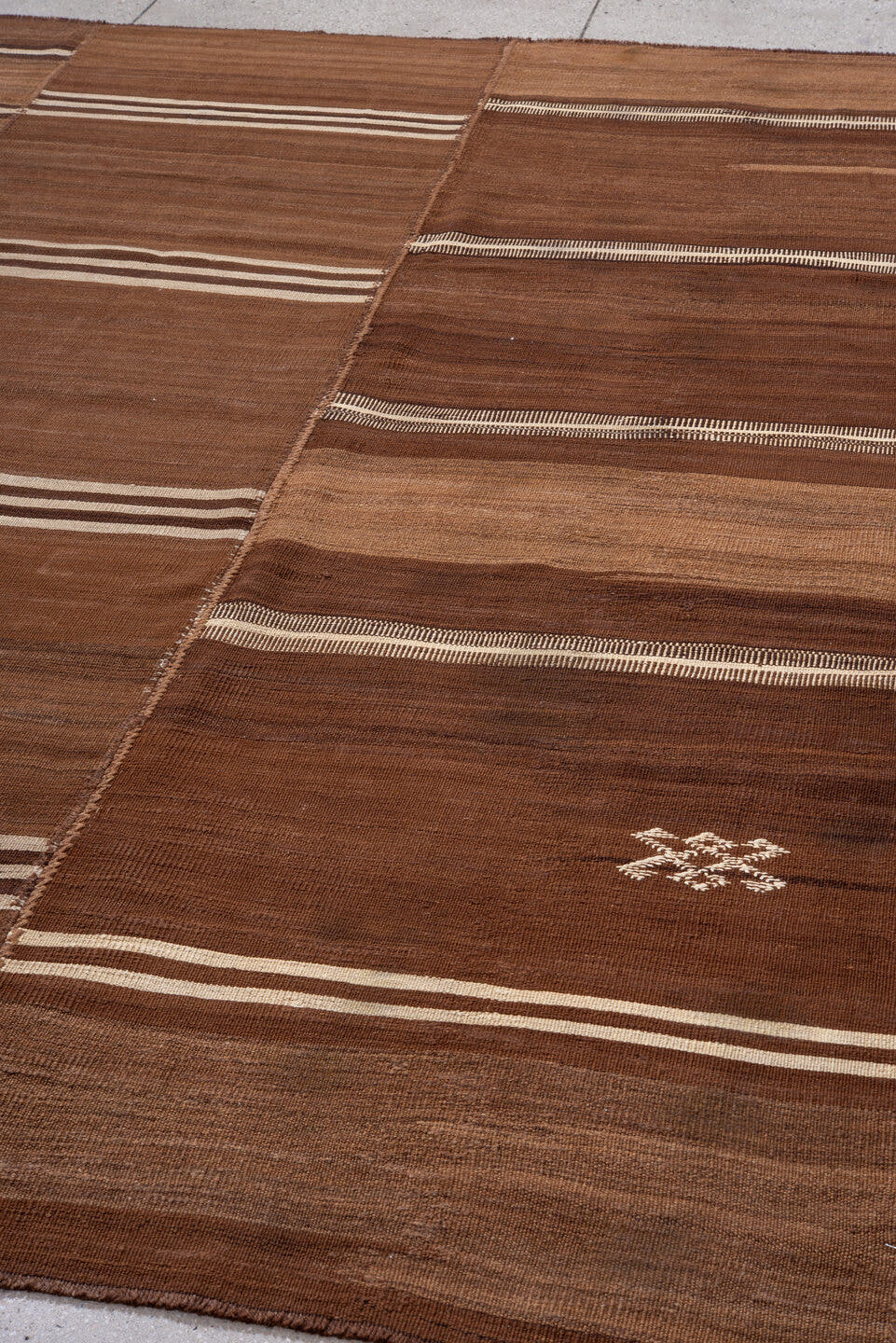 8' x 10' one-of-a-kind handmade vintage Kilim large size rug. Color palette: brown, camel, taupe, ivory, espresso, beige