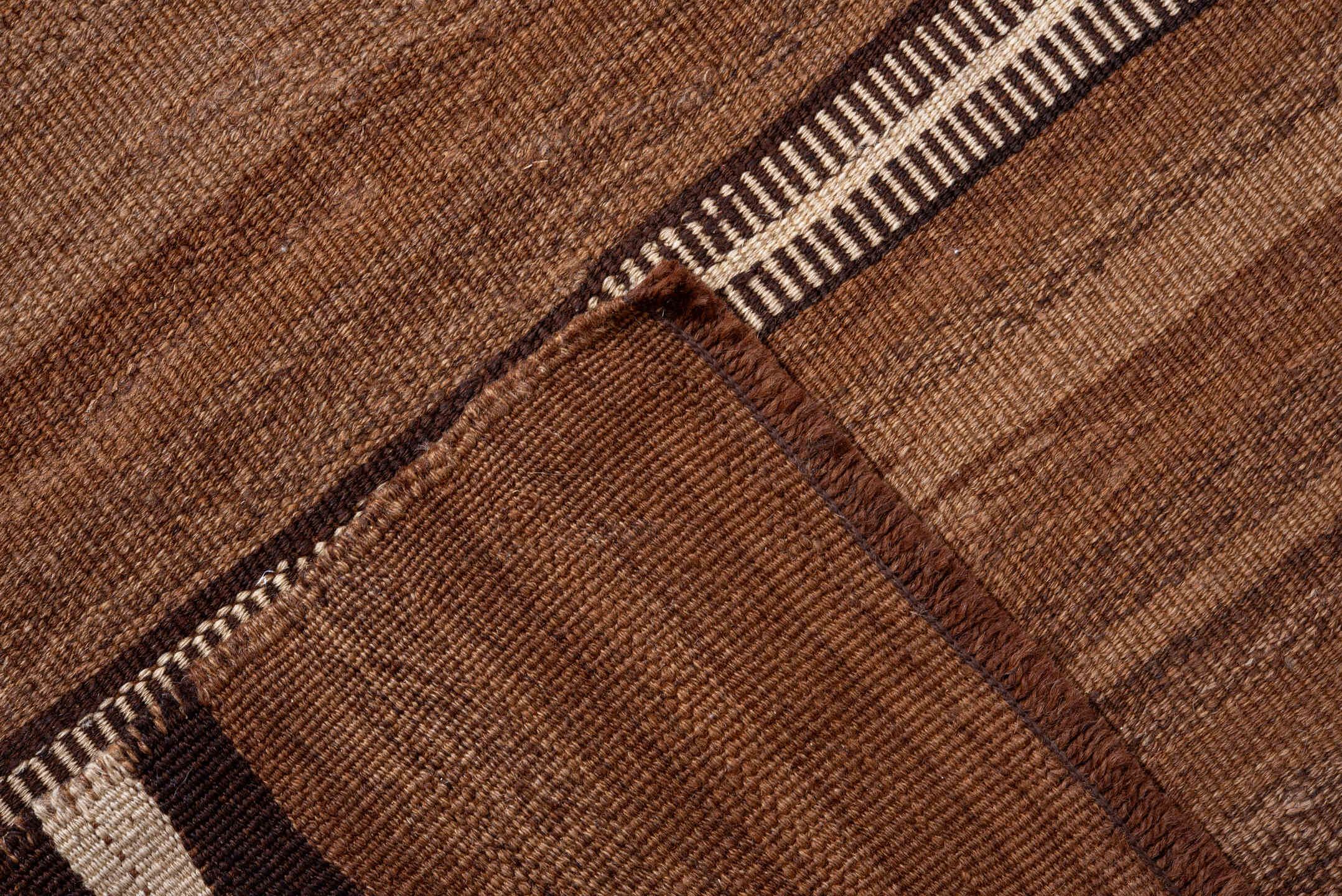 8' x 10' one-of-a-kind handmade vintage Kilim large size rug. Color palette: brown, camel, taupe, ivory, espresso, beige
