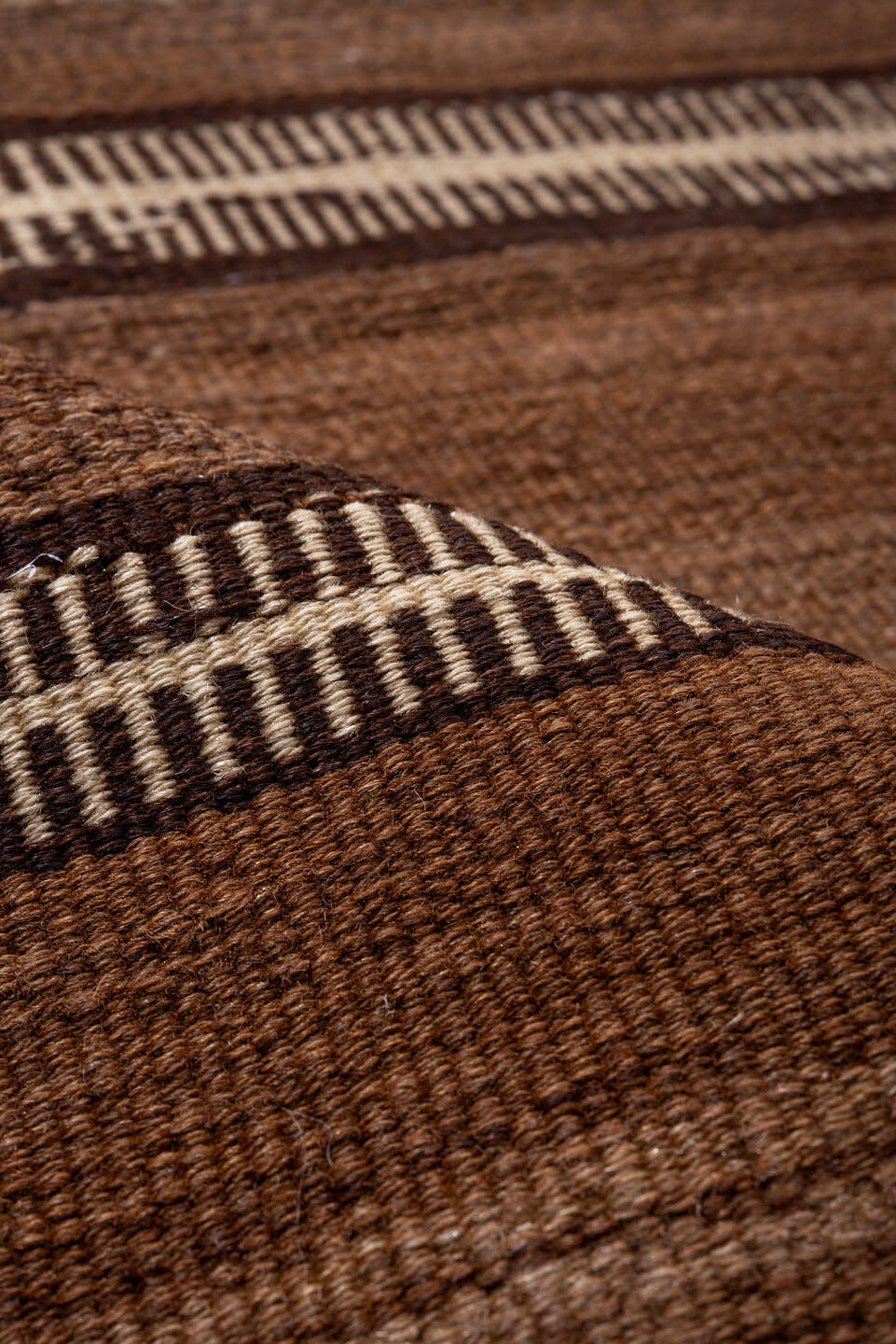 8' x 10' one-of-a-kind handmade vintage Kilim large size rug. Color palette: brown, camel, taupe, ivory, espresso, beige
