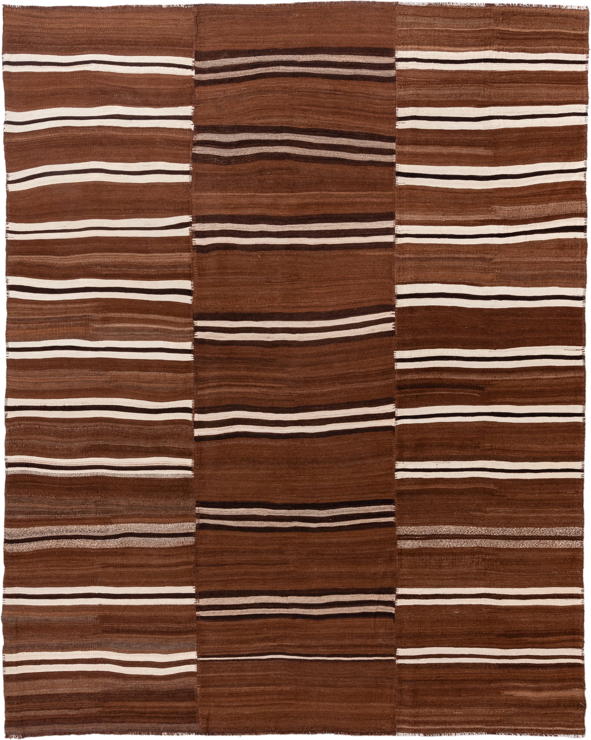 8' x 10' one-of-a-kind handmade vintage Kilim large size rug. Color palette: brown, ivory, espresso, taupe, black, beige
