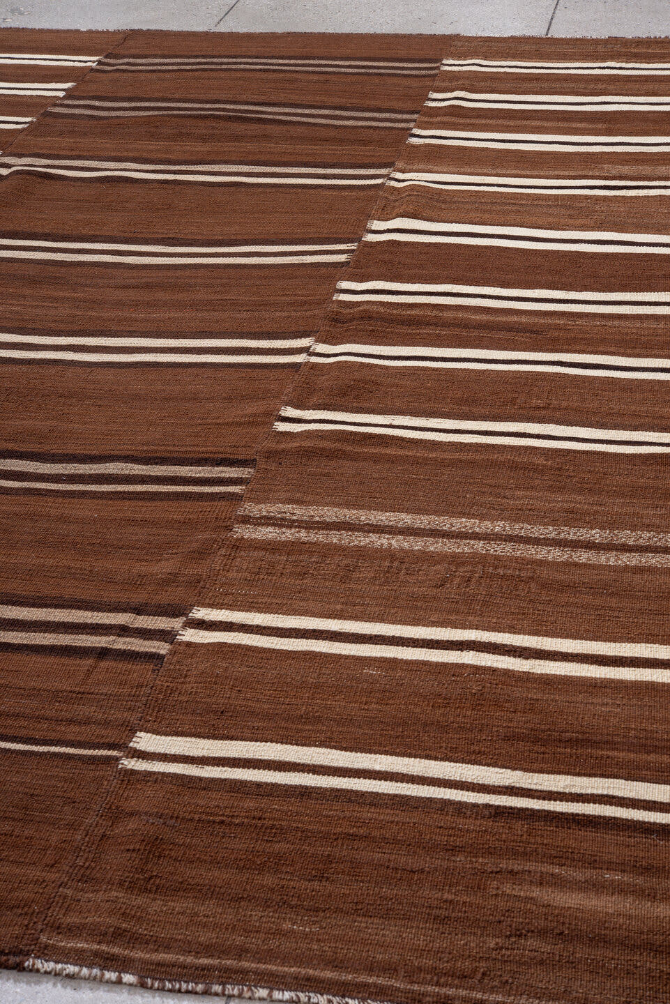 8' x 10' one-of-a-kind handmade vintage Kilim large size rug. Color palette: brown, ivory, espresso, taupe, black, beige