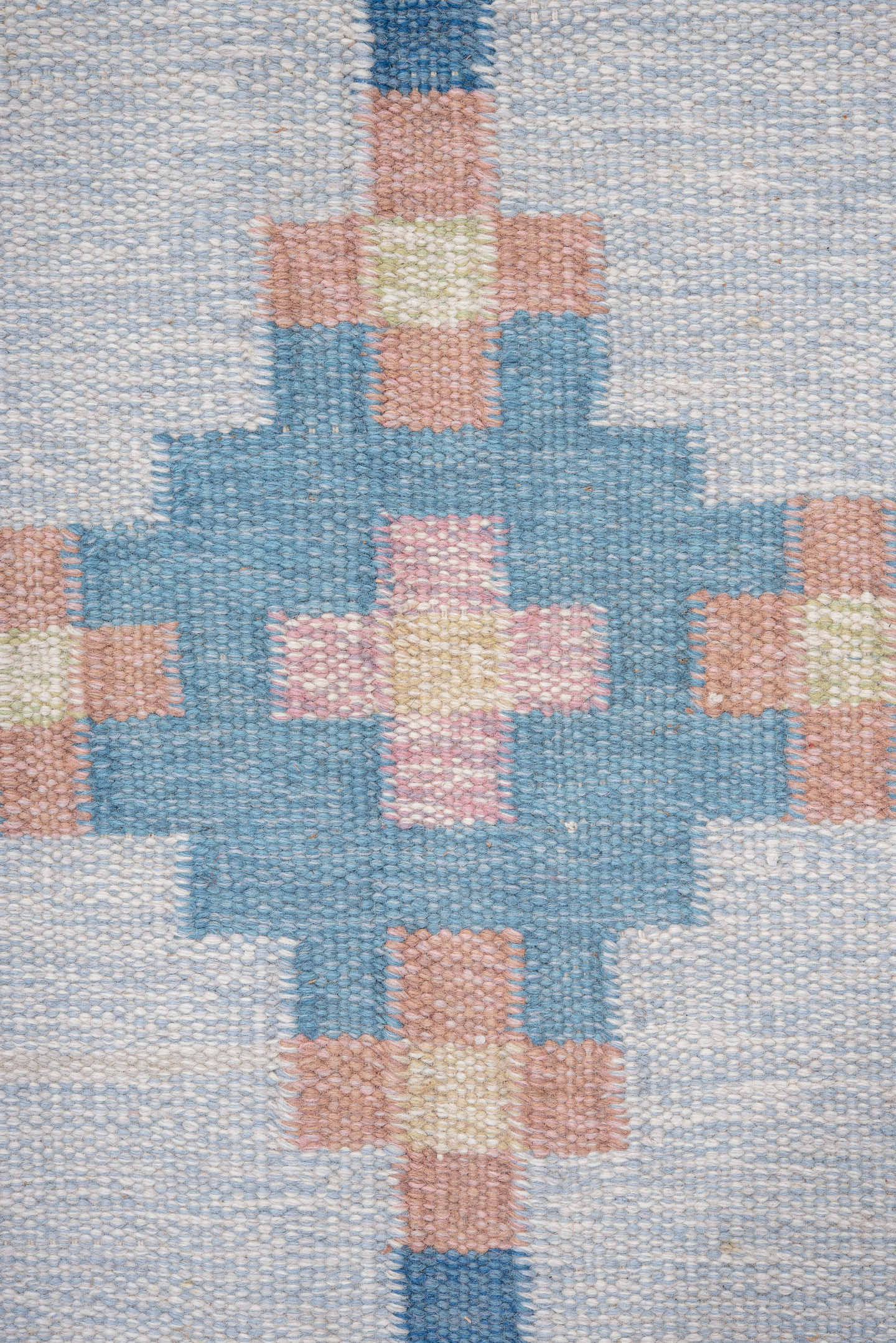 6' x 9' one-of-a-kind handmade vintage Rollaken medium size rug. Color palette: sky blue, ivory, pale blue, blush, cream
