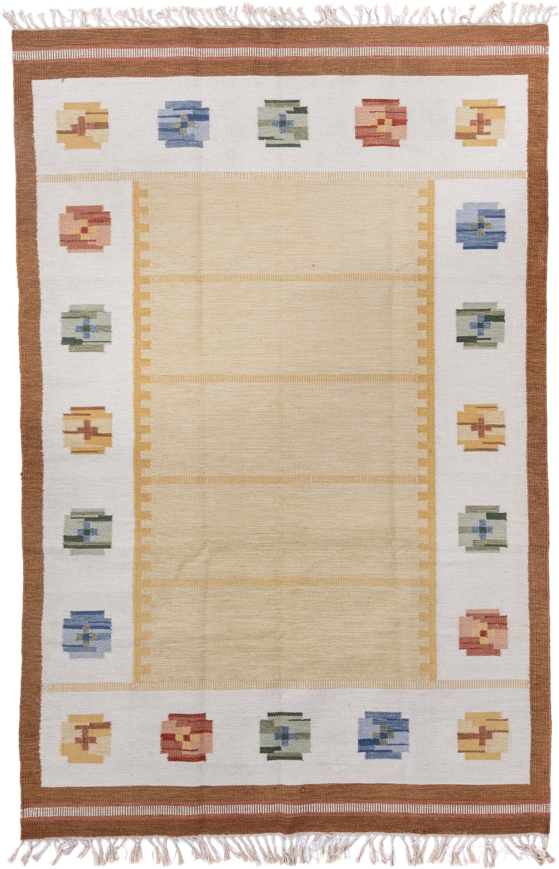 6' x 10' one-of-a-kind handmade antique Rollaken large size rug. Color palette: ivory, camel, gold, powder_blue, sage, rose