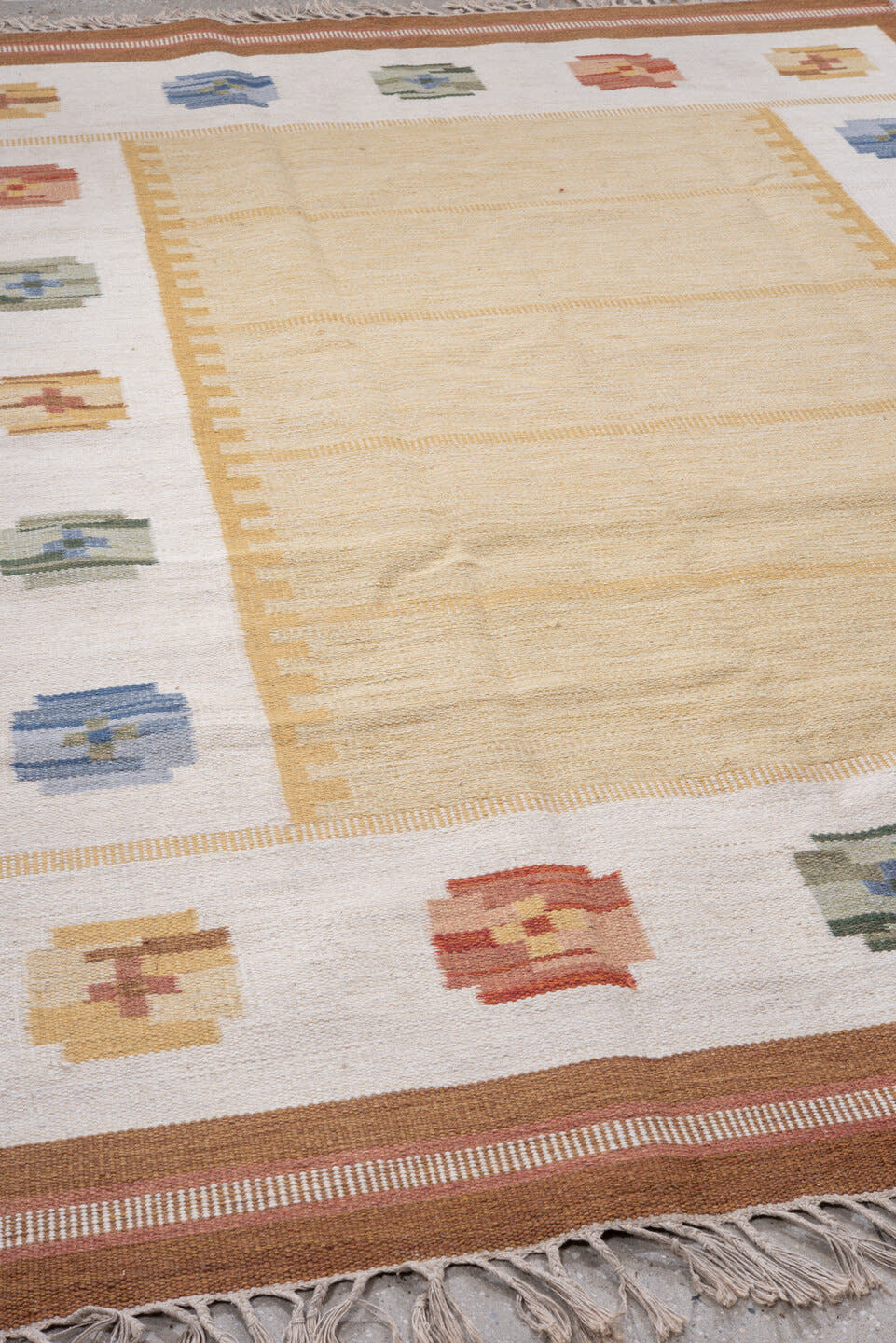 6' x 10' one-of-a-kind handmade antique Rollaken large size rug. Color palette: ivory, camel, gold, powder_blue, sage, rose