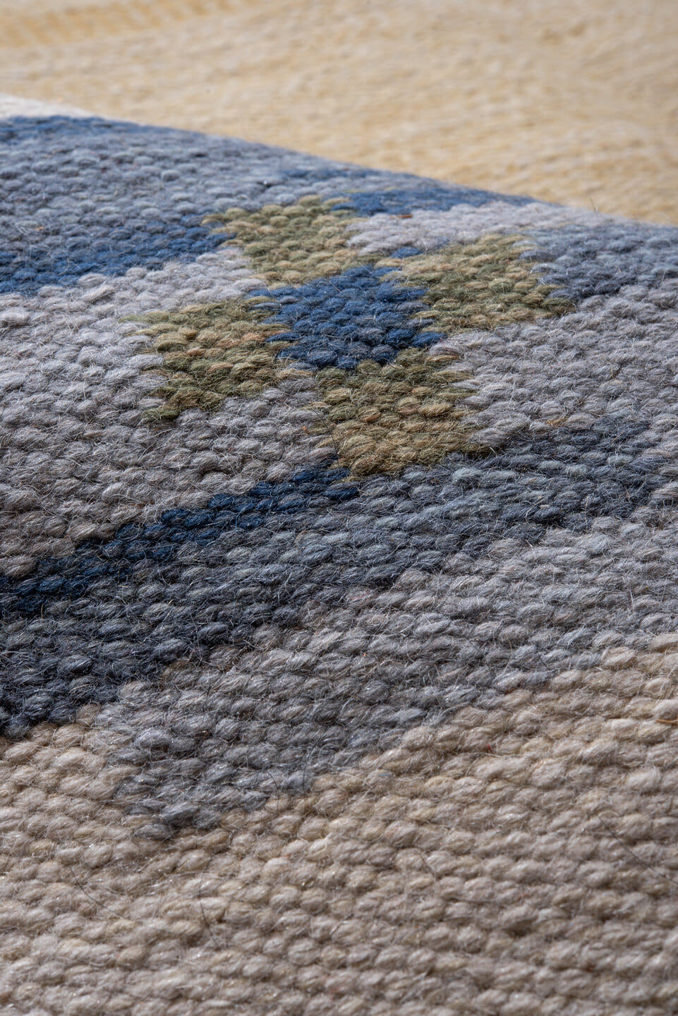 6' x 10' one-of-a-kind handmade antique Rollaken large size rug. Color palette: ivory, camel, gold, powder_blue, sage, rose