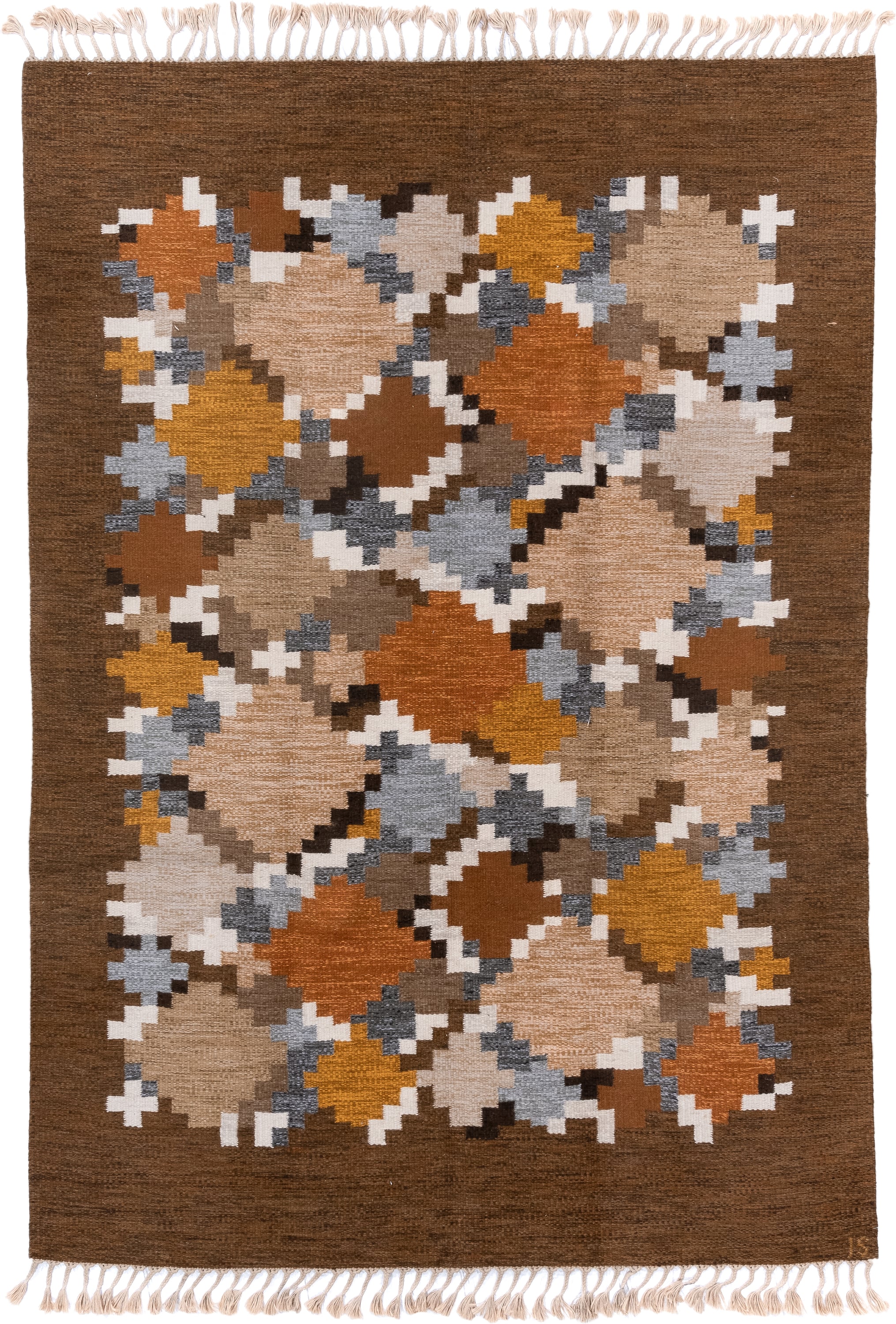 6' x 9' one-of-a-kind handmade antique Rollaken medium size rug. Color palette: brown, camel, ivory, rust, ochre, taupe