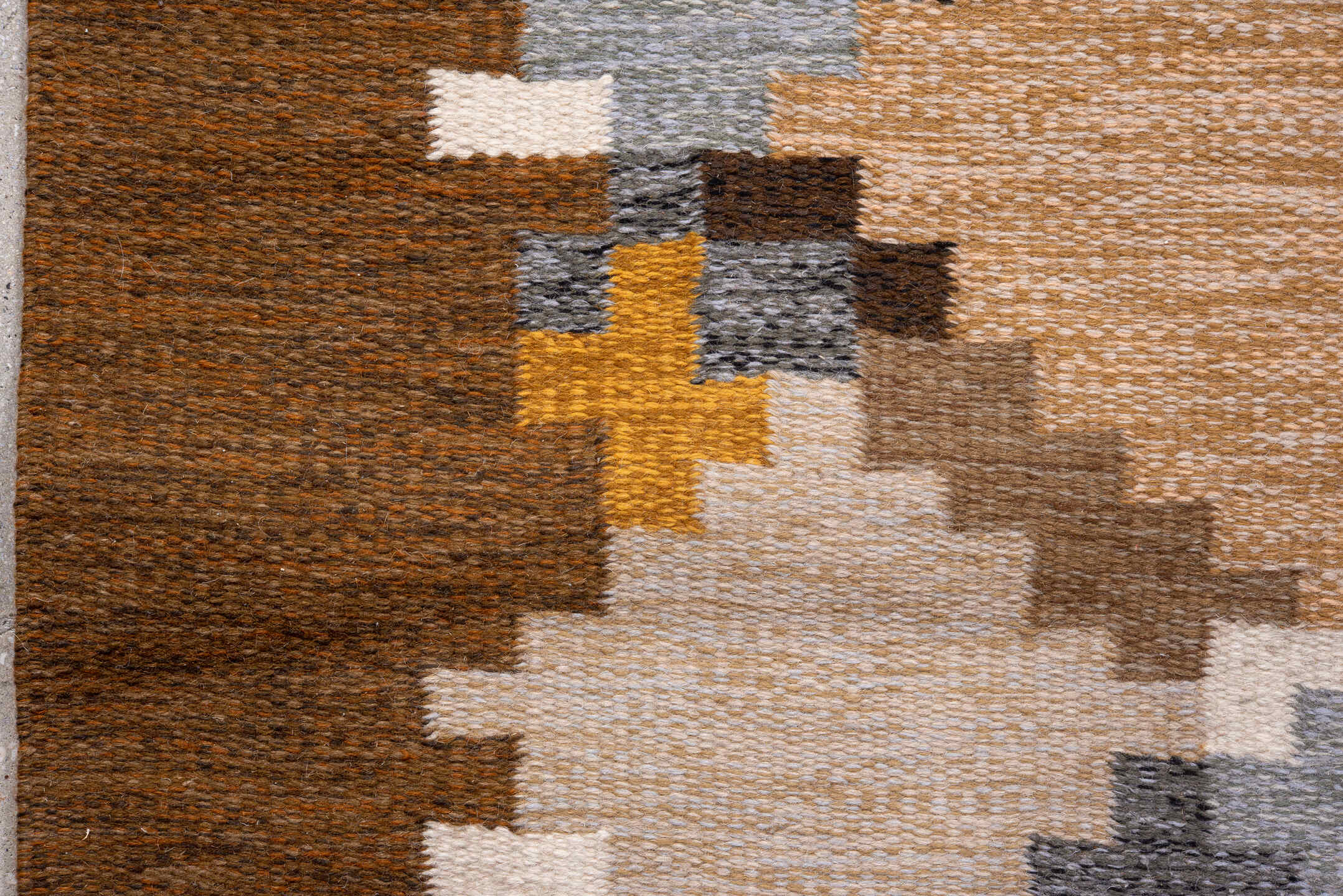 6' x 9' one-of-a-kind handmade antique Rollaken medium size rug. Color palette: brown, camel, ivory, rust, ochre, taupe