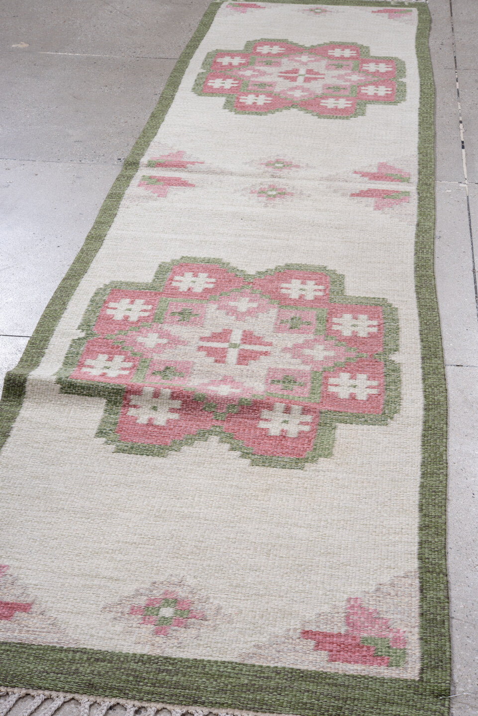 2' x 12' one-of-a-kind handmade antique Kilim runner rug. Color palette: ivory, sage, rose, blush, cream, green, pink, red