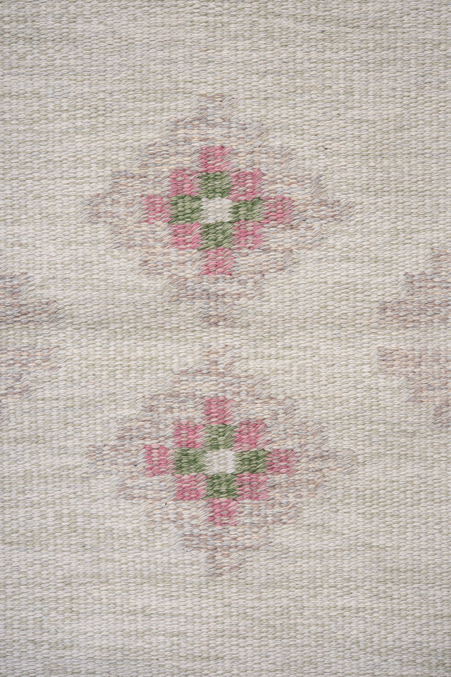 2' x 12' one-of-a-kind handmade antique Kilim runner rug. Color palette: ivory, sage, rose, blush, cream, green, pink, red