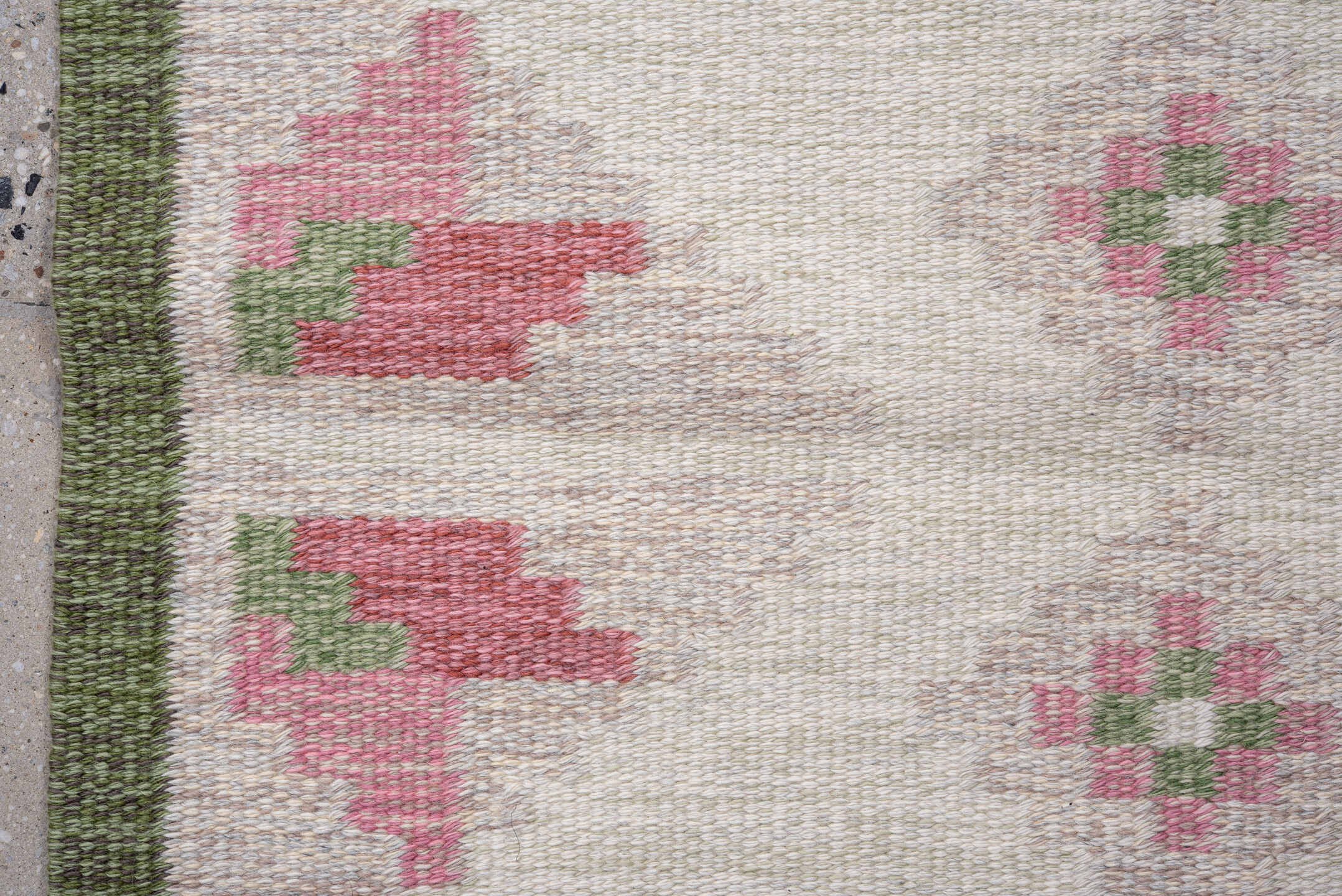 2' x 12' one-of-a-kind handmade antique Kilim runner rug. Color palette: ivory, sage, rose, blush, cream, green, pink, red