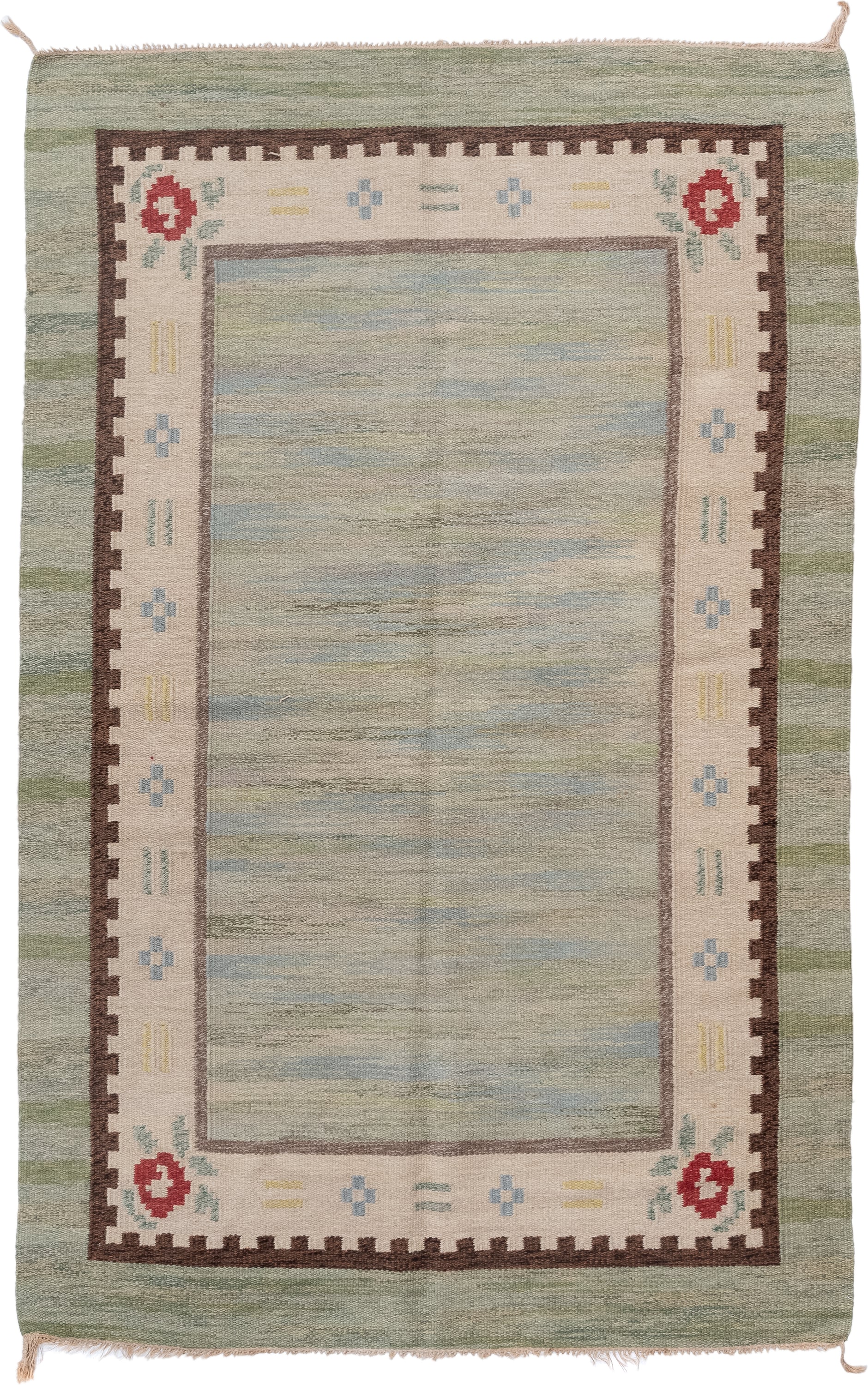 5' x 8' one-of-a-kind handmade antique Rollaken medium size rug. Color palette: sage, ivory, sky blue, brown, rose