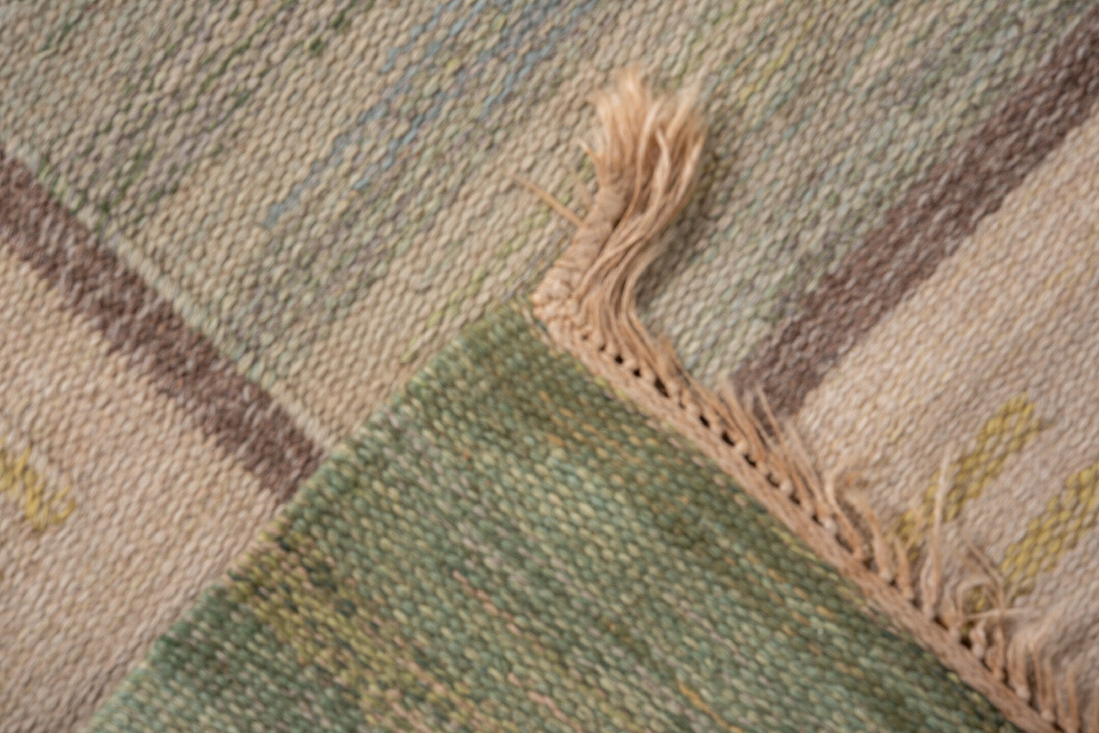 5' x 8' one-of-a-kind handmade vintage Rollaken medium size rug. Color palette: brown, gray, light gray, off-white, pink