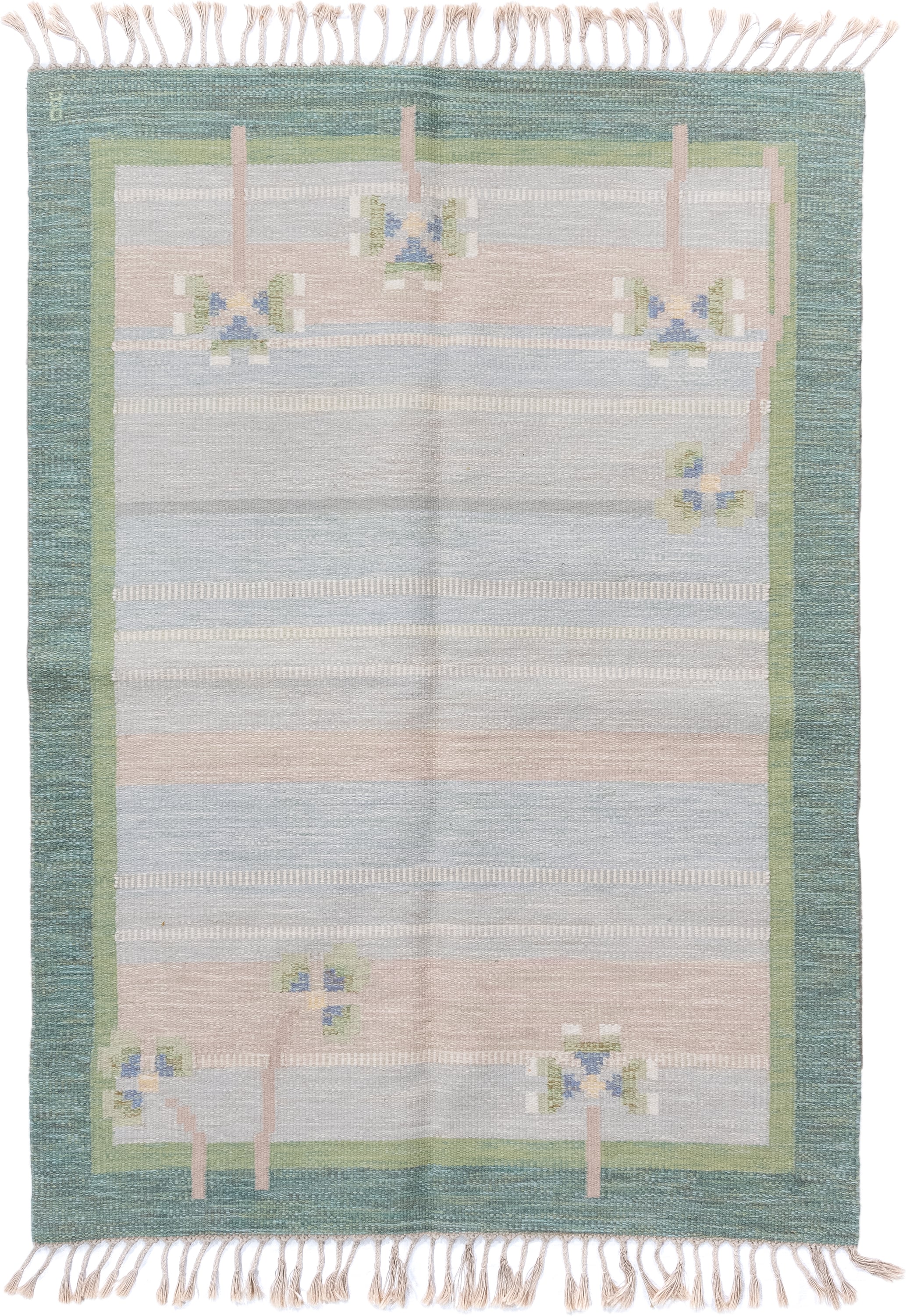 5' x 7' one-of-a-kind handmade antique Rollaken rug. Color palette: pale blue, seafoam, blush, ivory, sage, teal