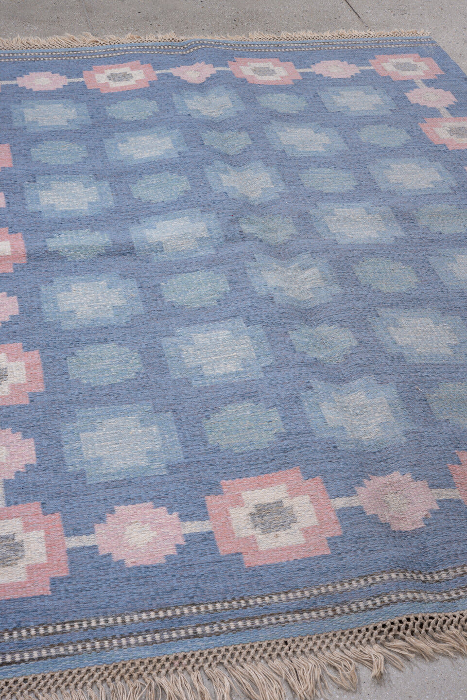5' x 8' one-of-a-kind handmade antique Kilim medium size rug. Color palette: blue, blush, ivory, pale blue, gray, taupe
